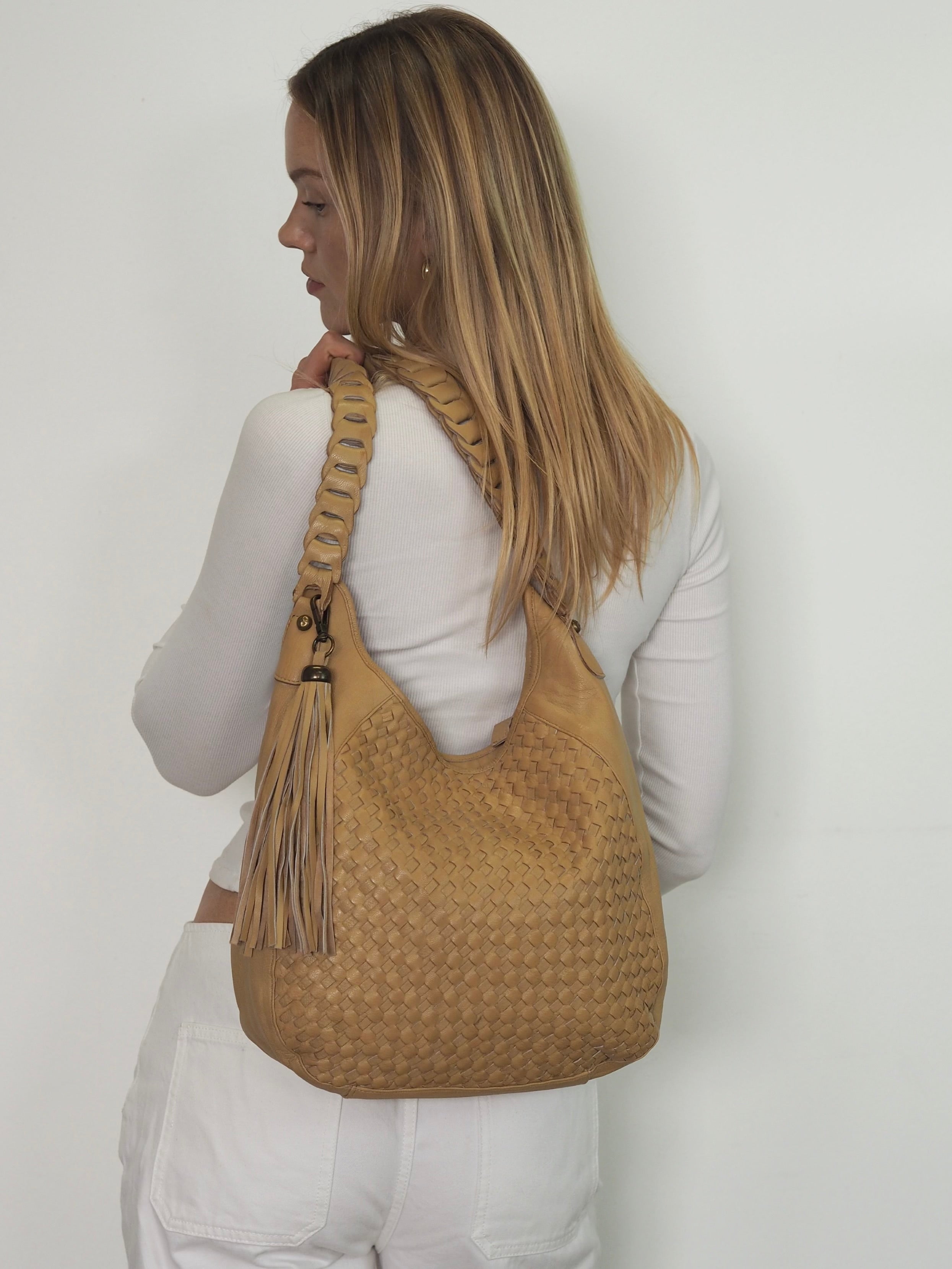 Cadelle Lana camel leather woven hobo bag with plaited handle