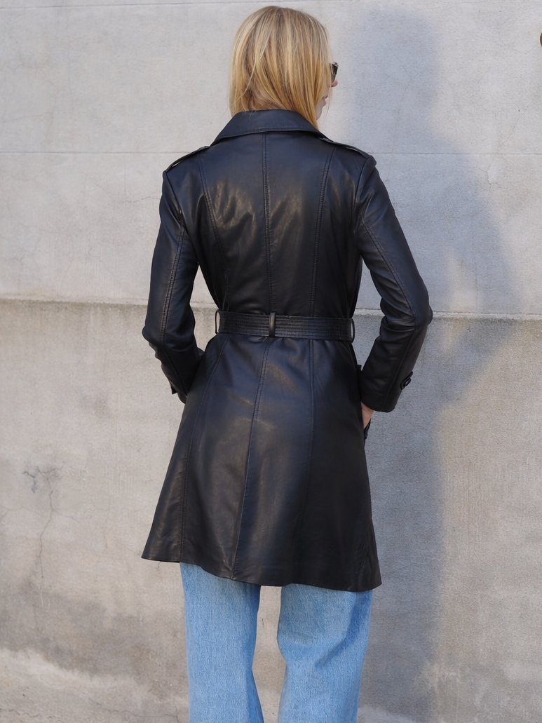 Navy leather trench coat, back view
