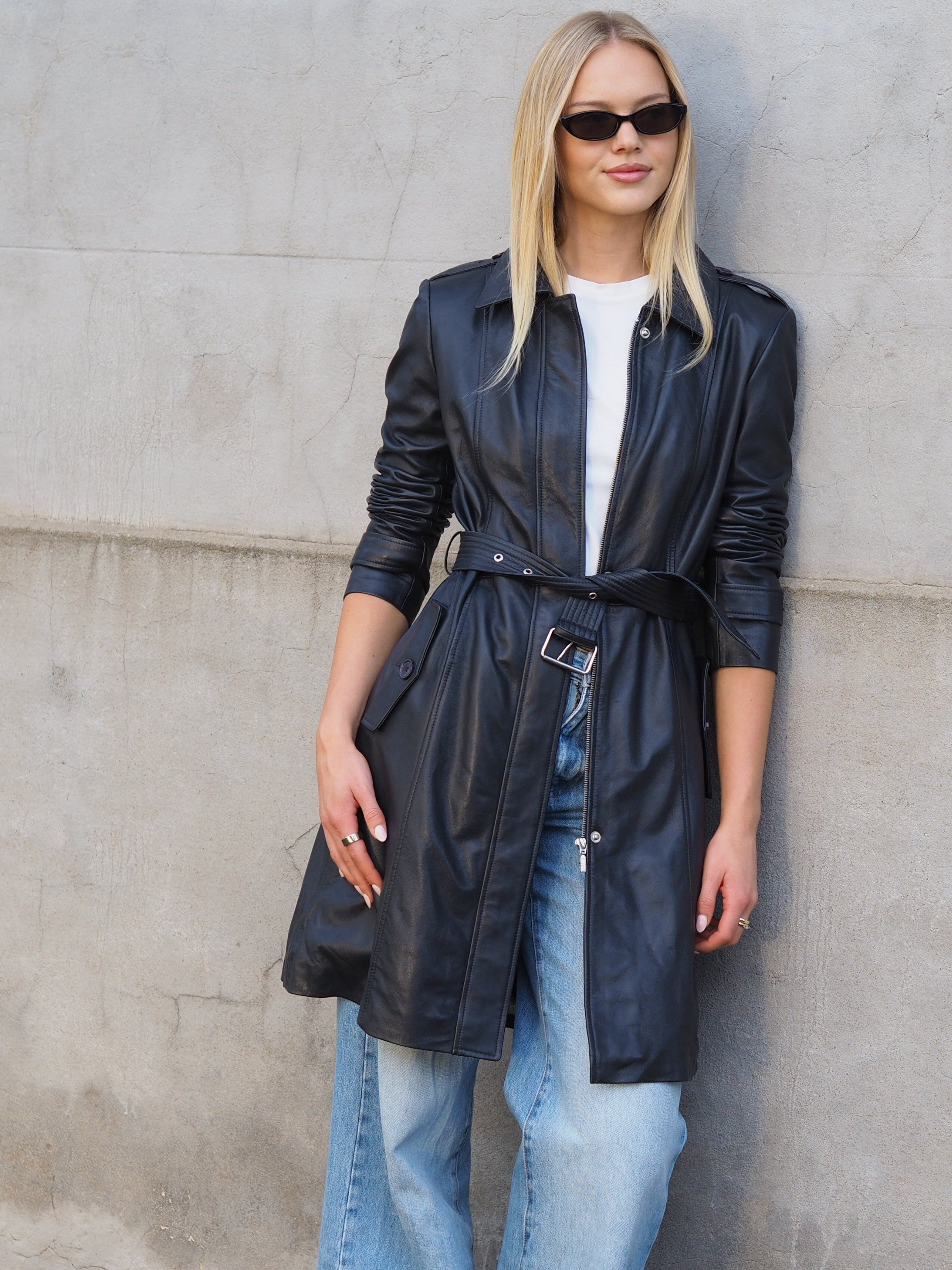 Navy leather trench coat with belt tie