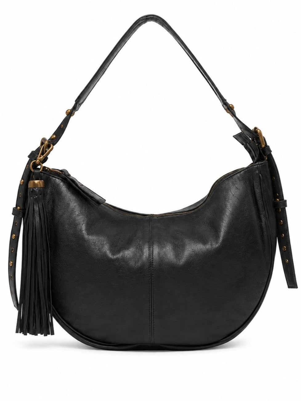 Cadelle Helena black leather hobo bag with an adjustable strap, antique brass hardware, and a detachable tassel