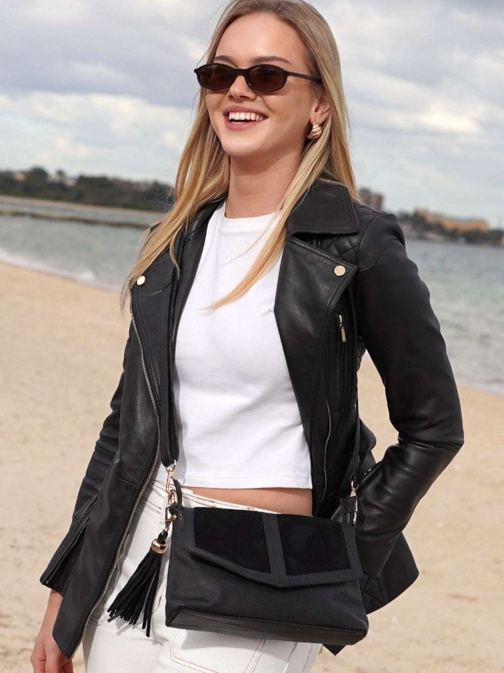 Cadelle Cosette black leather crossbody bag with suede panel and gold hardware