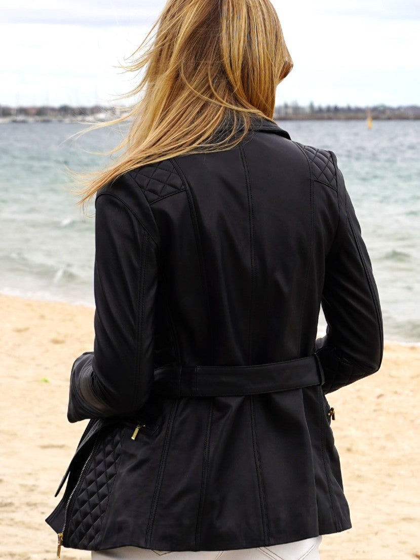 Cadelle Roxy black mid-length leather biker jacket with belt back view