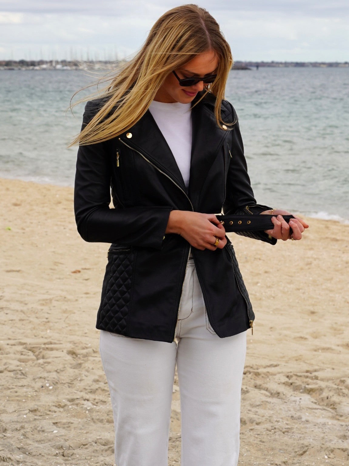 Cadelle Roxy black mid-length leather biker jacket with belt front view