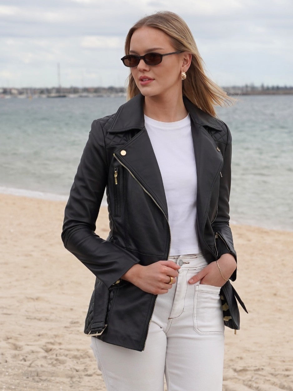 Cadelle Roxy black mid-length leather biker jacket with belt front view