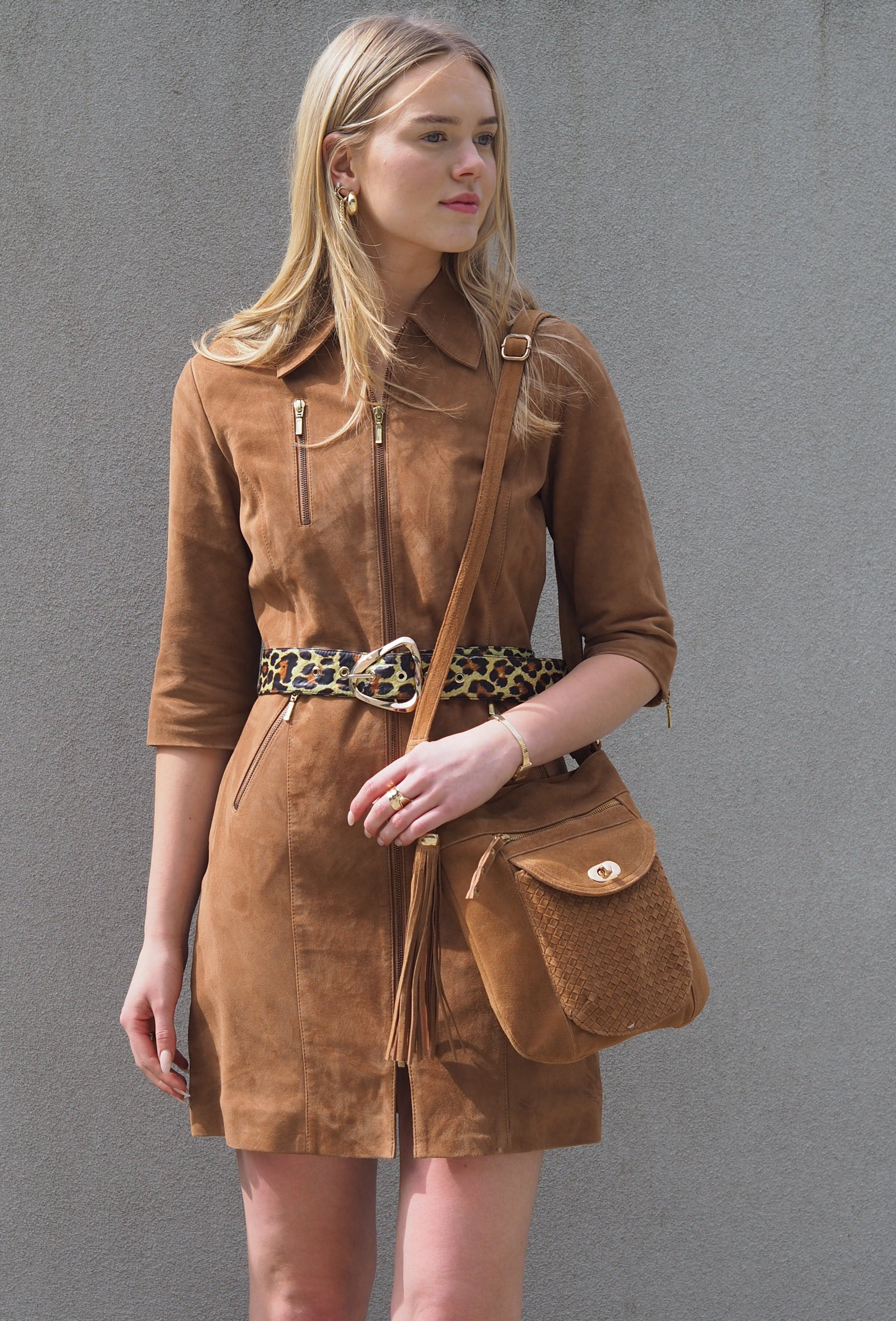 Cadelle Shelley tan suede crossbody bag with woven flap and gold key lock