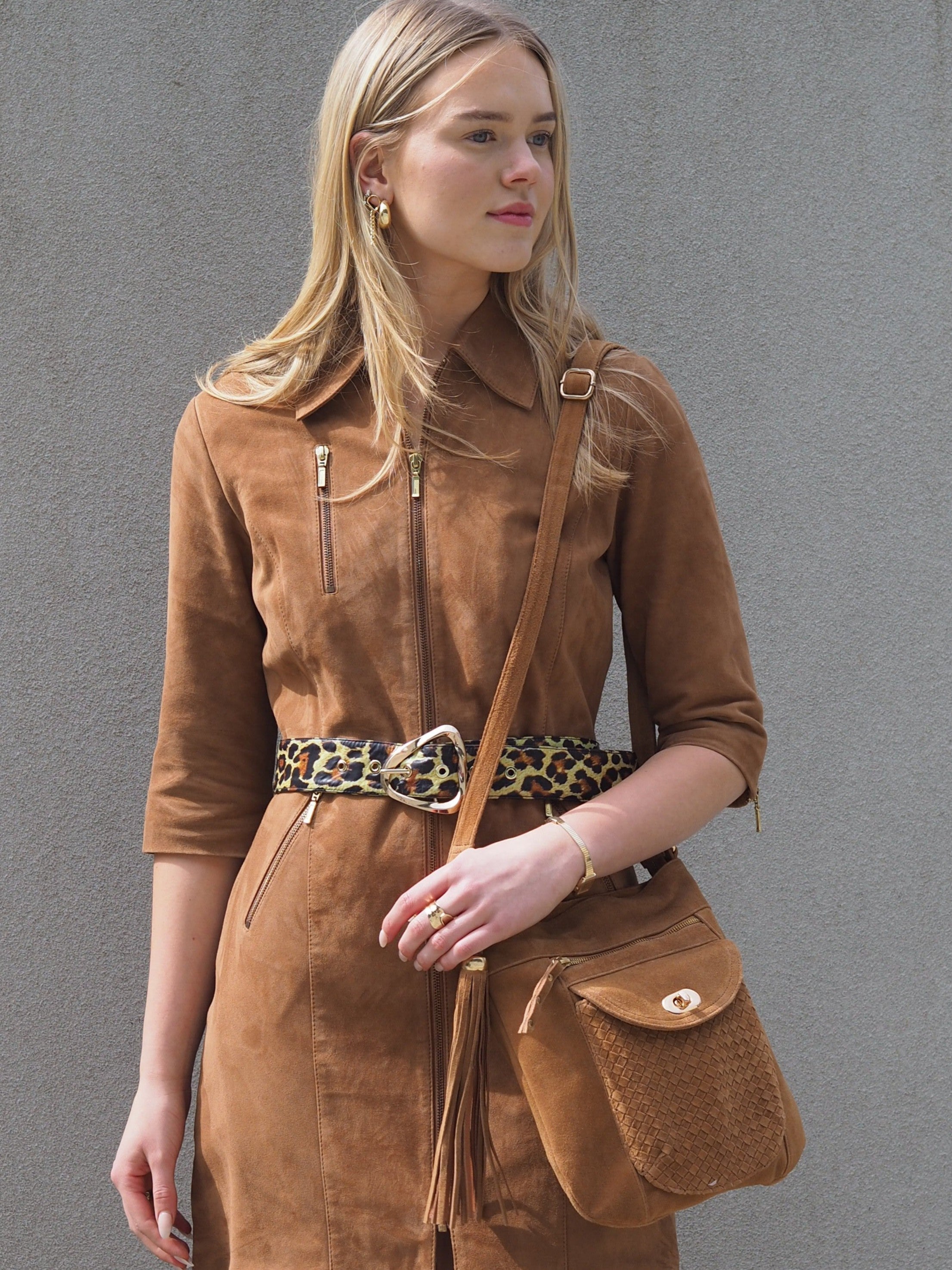 Cadelle Shelley tan suede crossbody bag with woven flap and gold key lock