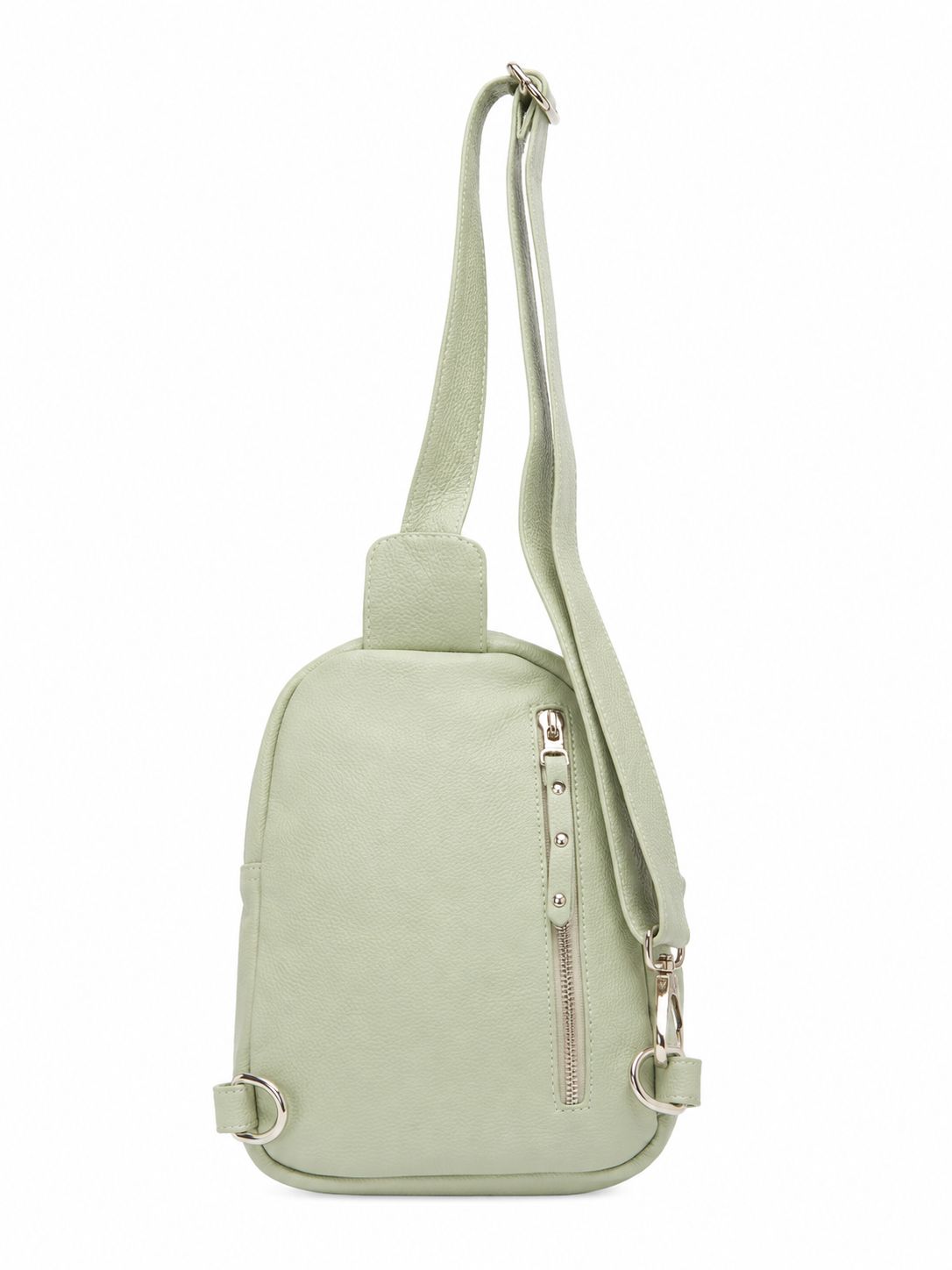 Cadelle Karissa mint green leather sling bag back view with a matching shoulder strap, a vertical zippered pocket and silver-tone hardware