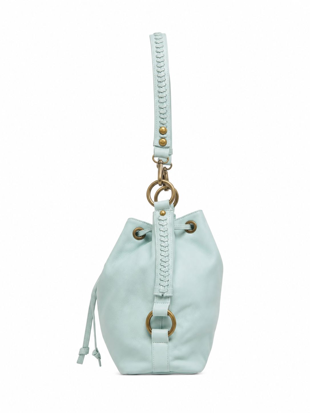Cadelle Courtney Pale blue leather bucket bag with fancy braid at the side -side view