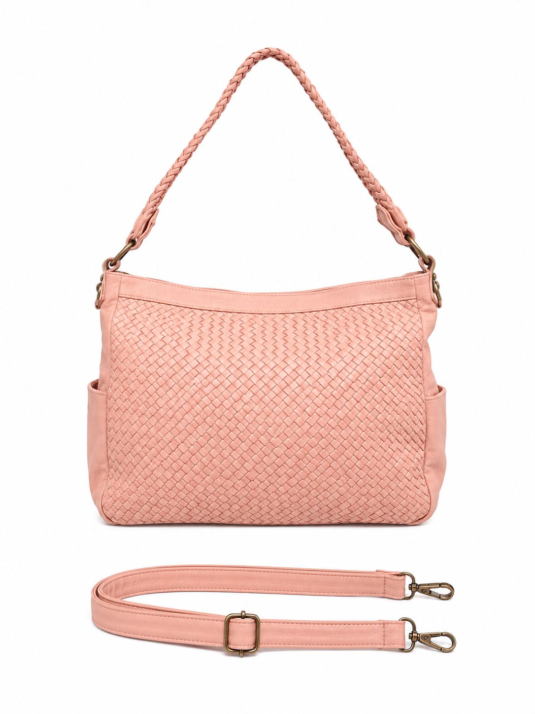 Cadelle Frankie leather shopper in misty rose with woven front panel, plait handle and detacahble crossbody strap