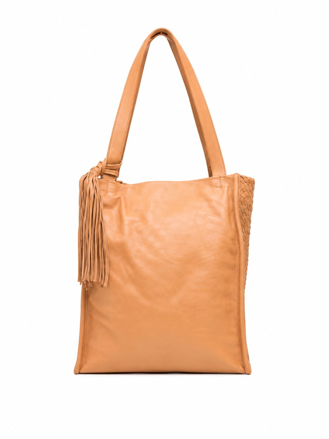 Cadelle Brooklyn camel leather tote with side woven panels and detachable tassel