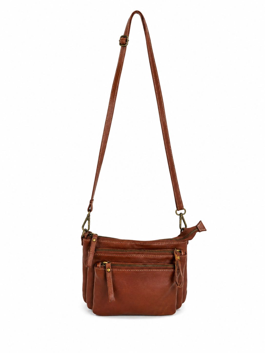 Cadelle Freya Spice leather crossbody bag with front zip pockets front view
