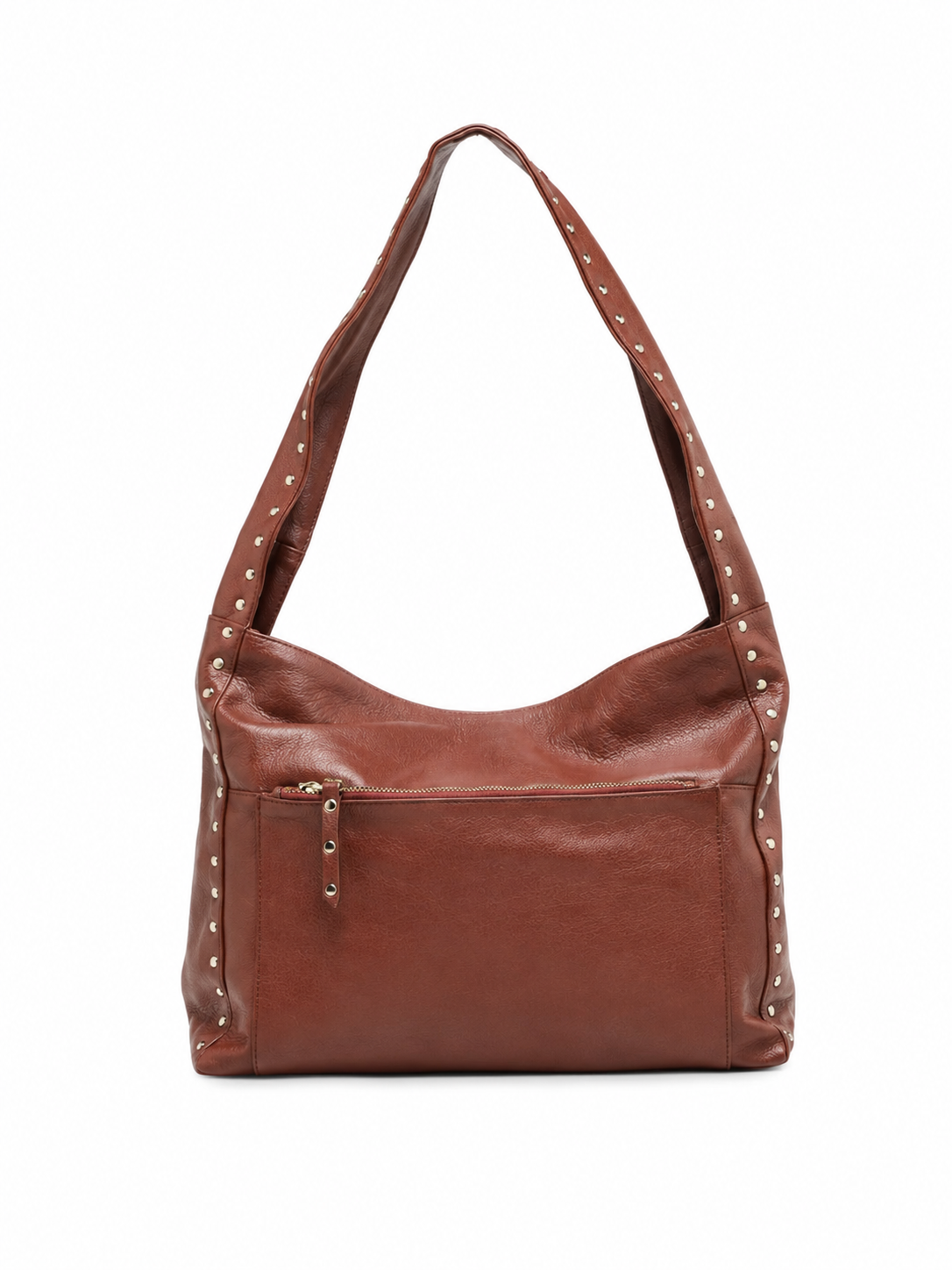 Cadelle Blondie chocolate leather hobo with silver studs on the handle and down the side