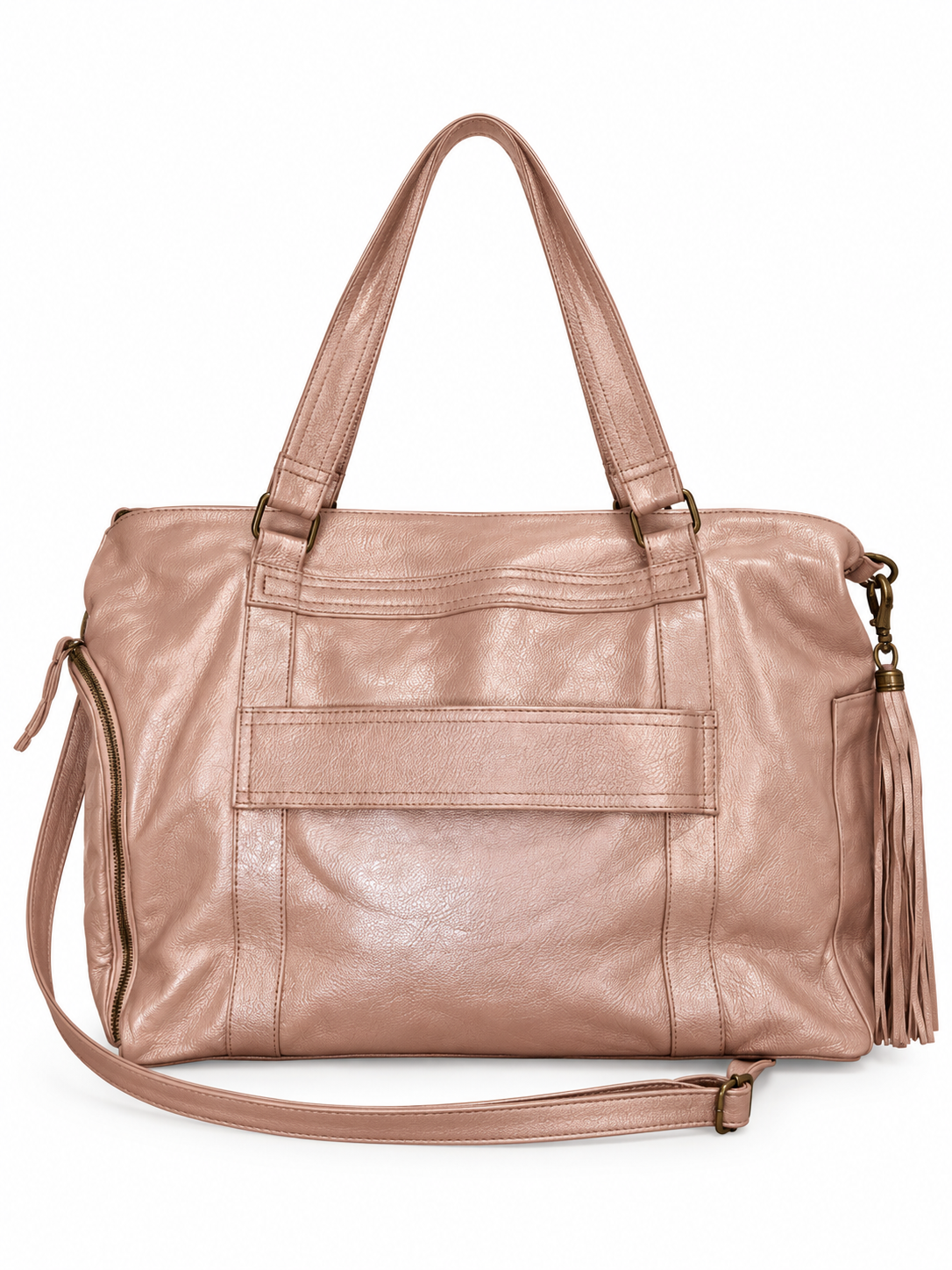 Cadelle Victoria metallic pink leather overnighter- back view with luggage sleeve