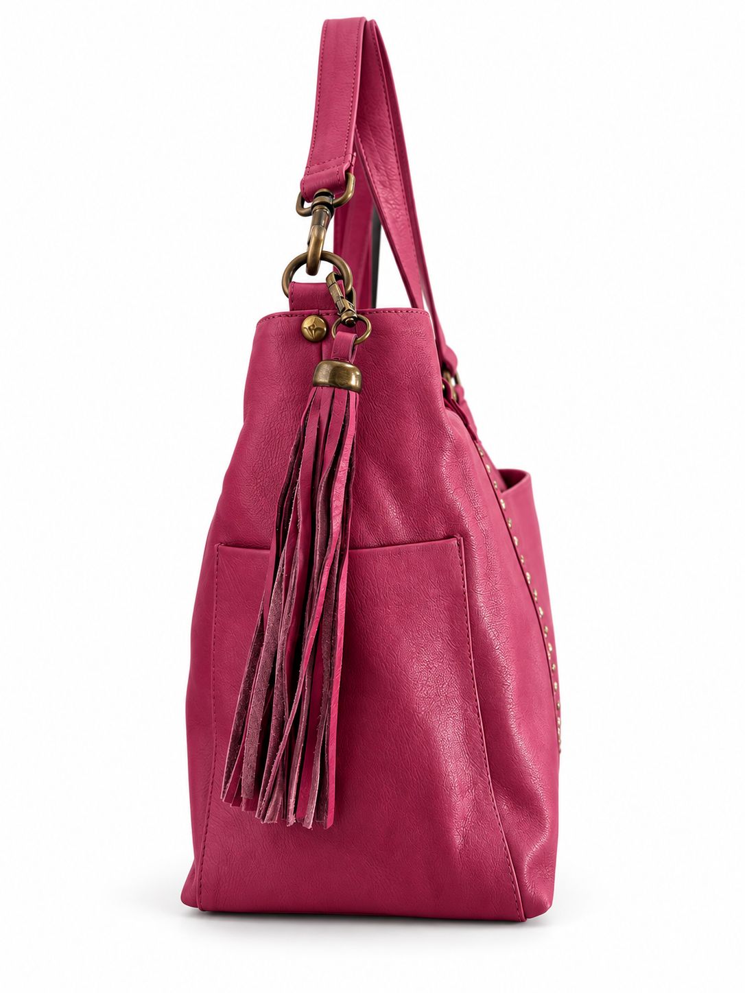 Victoria raspberry leather overnighter side view with pocket and detachable tassel