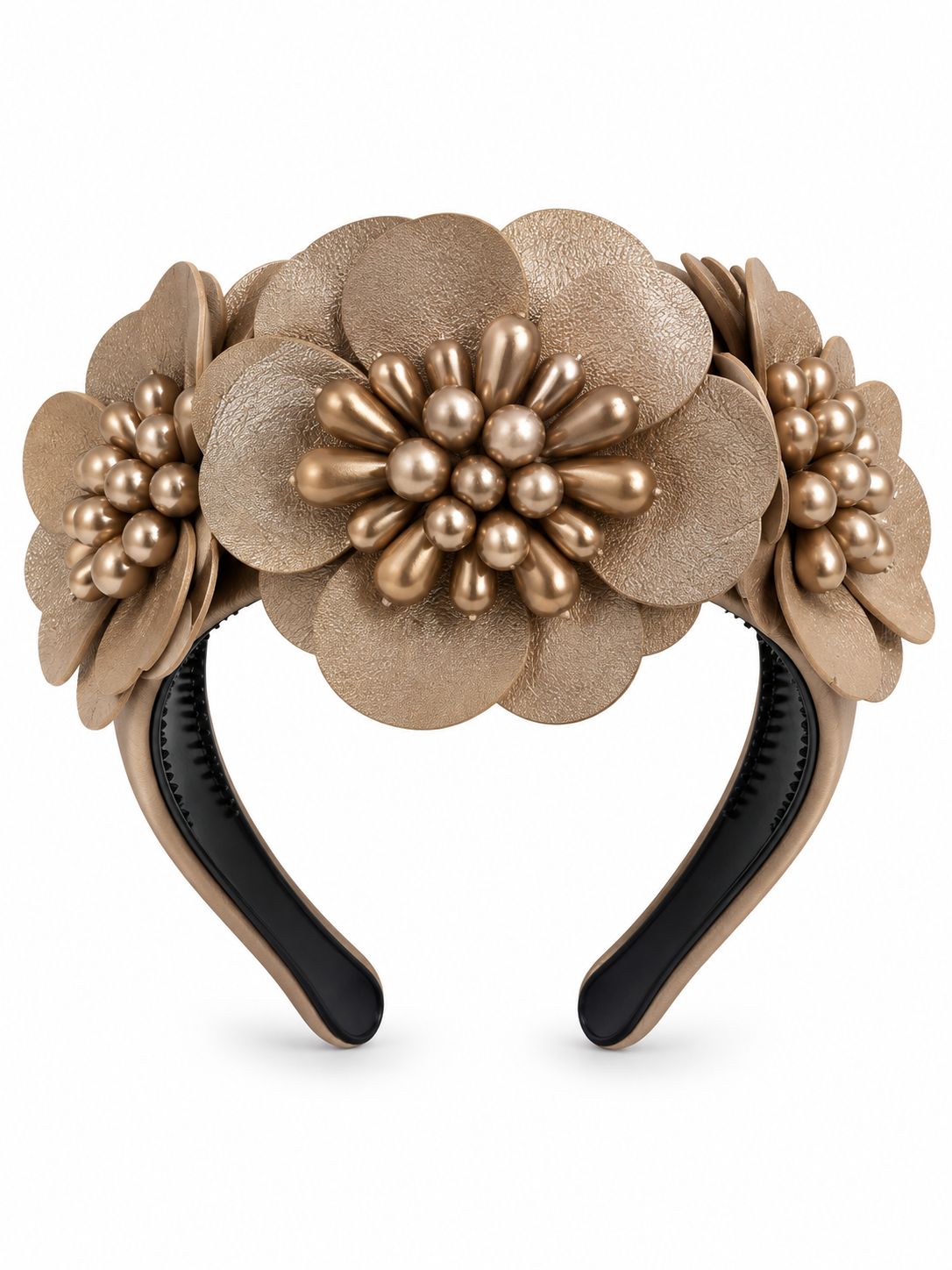 Cadelle Zara floral headband with sculptural flowers in a metallic champagne finish