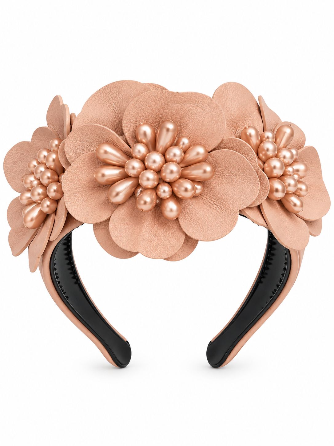 Cadelle Zara champagne metallic floral leather headband featuring large layered flower petals and centre pearl-like beads