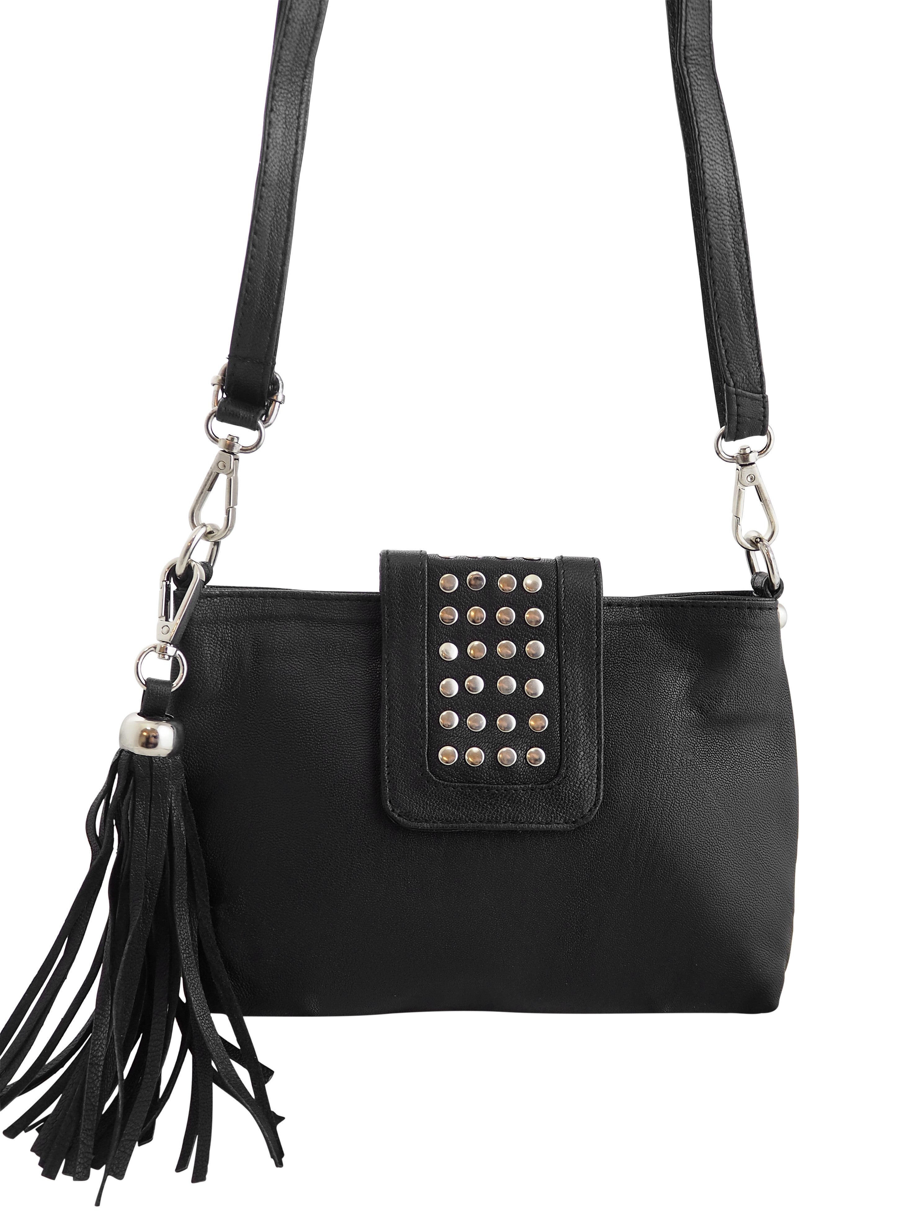 Cadelle Gigi black leather crossbody bag with silver stud detailing front view