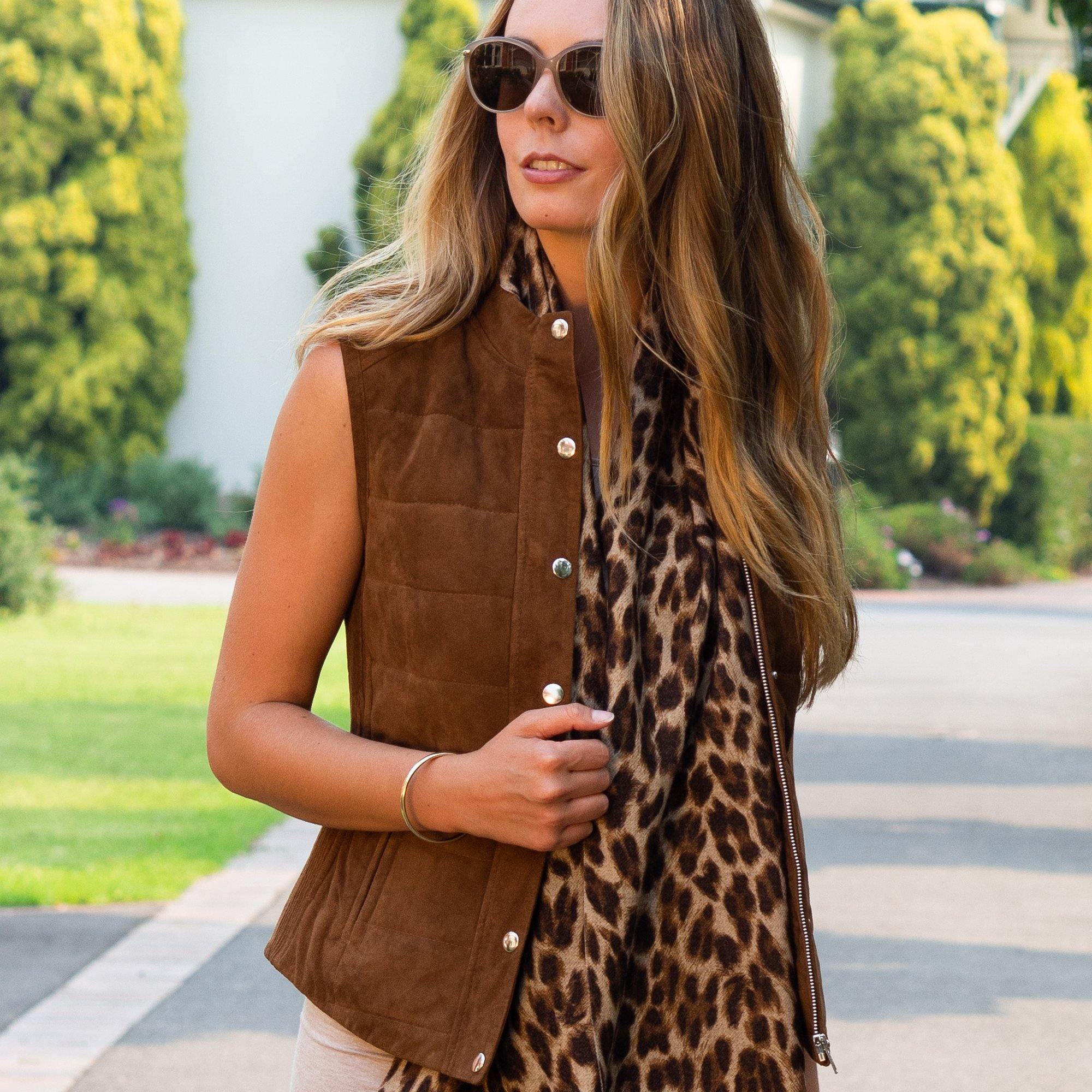 Cadelle Serena tan quilted padded suede vest with zip closure and stretch side panels