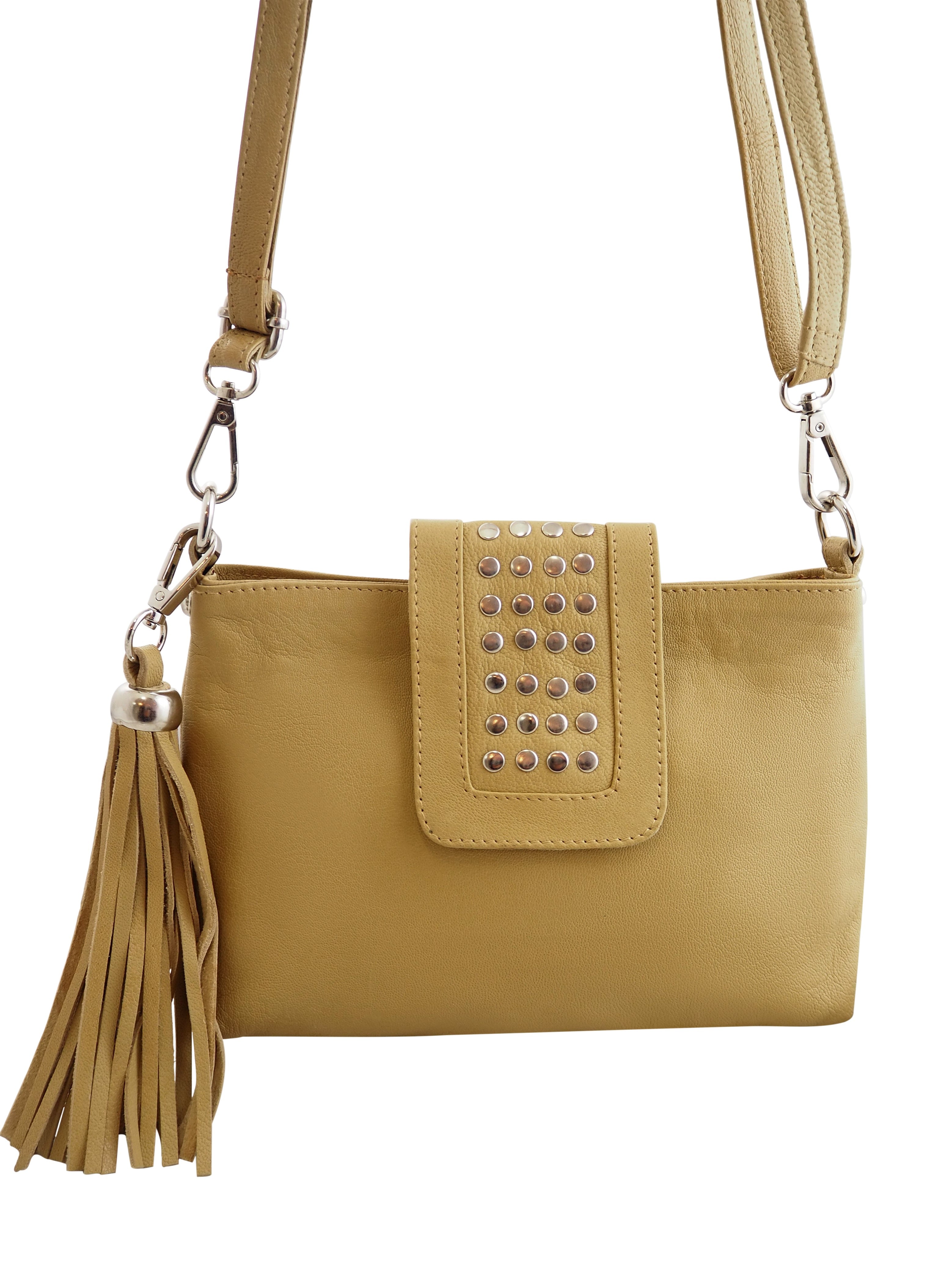 Cadelle Gigi camel leather crossbody bag with silver stud detailing front view