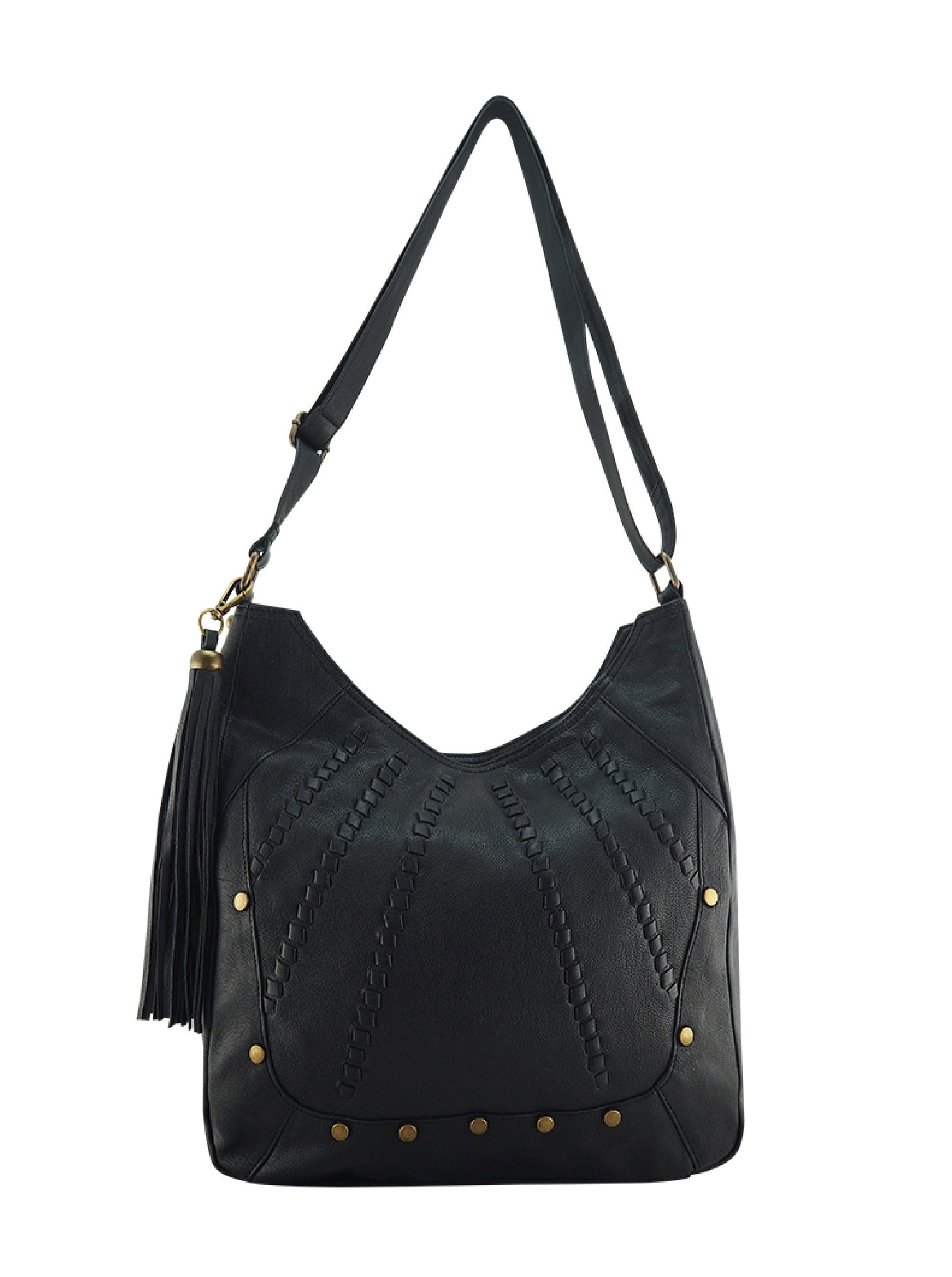Cadelle Carrie black leather hobo bag with stud detail and slouchy silhouette front view