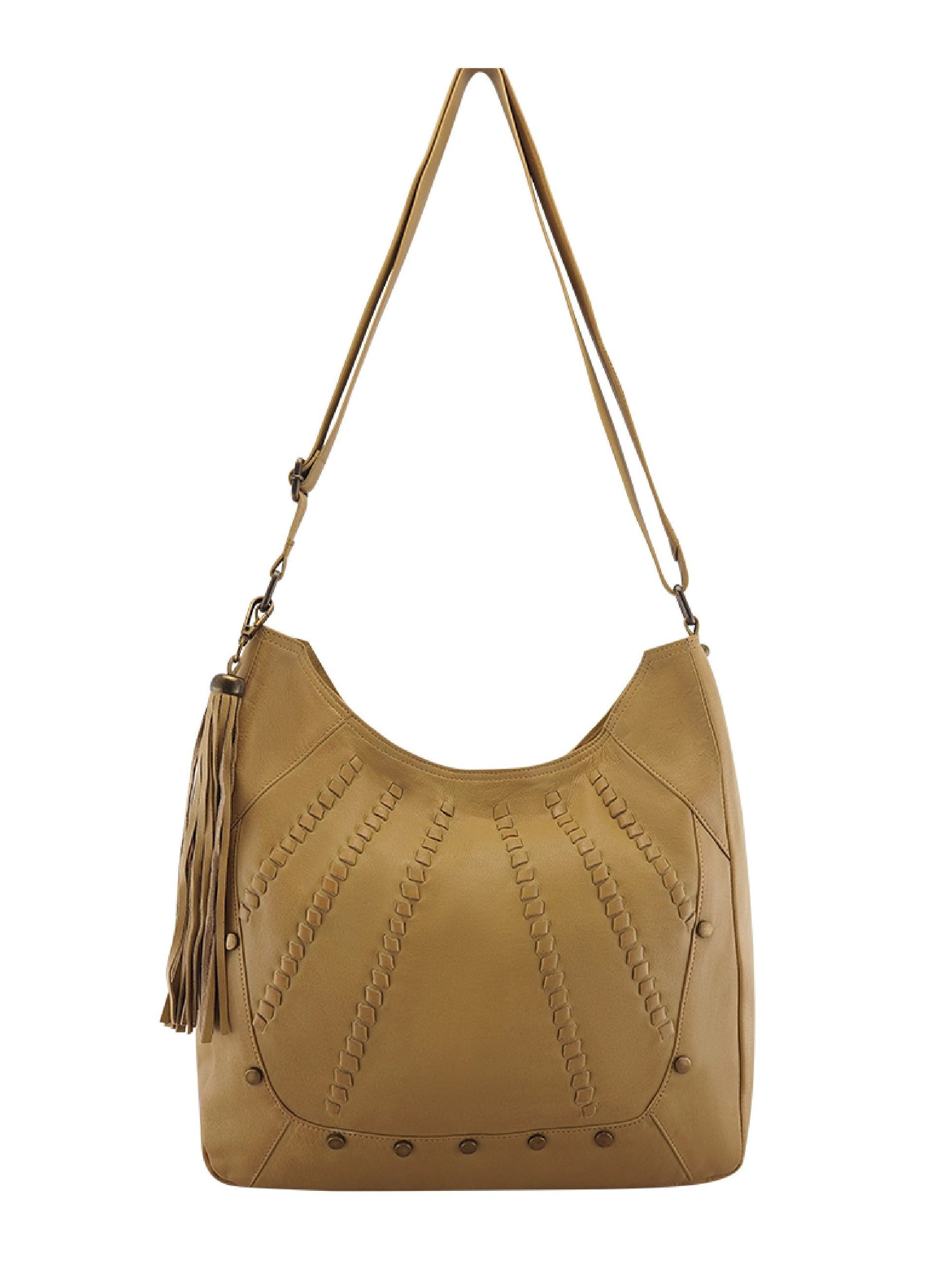 Cadelle Carrie camel leather hobo bag with stud detail and slouchy silhouette front view