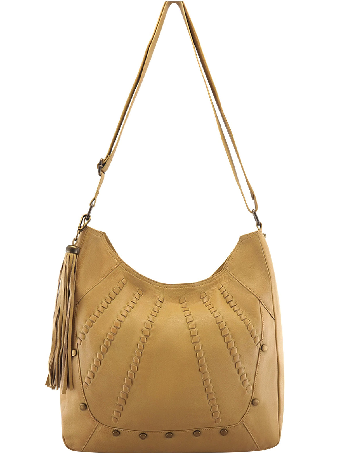 Cadelle Carrie camel leather hobo with stitch and stud detailing