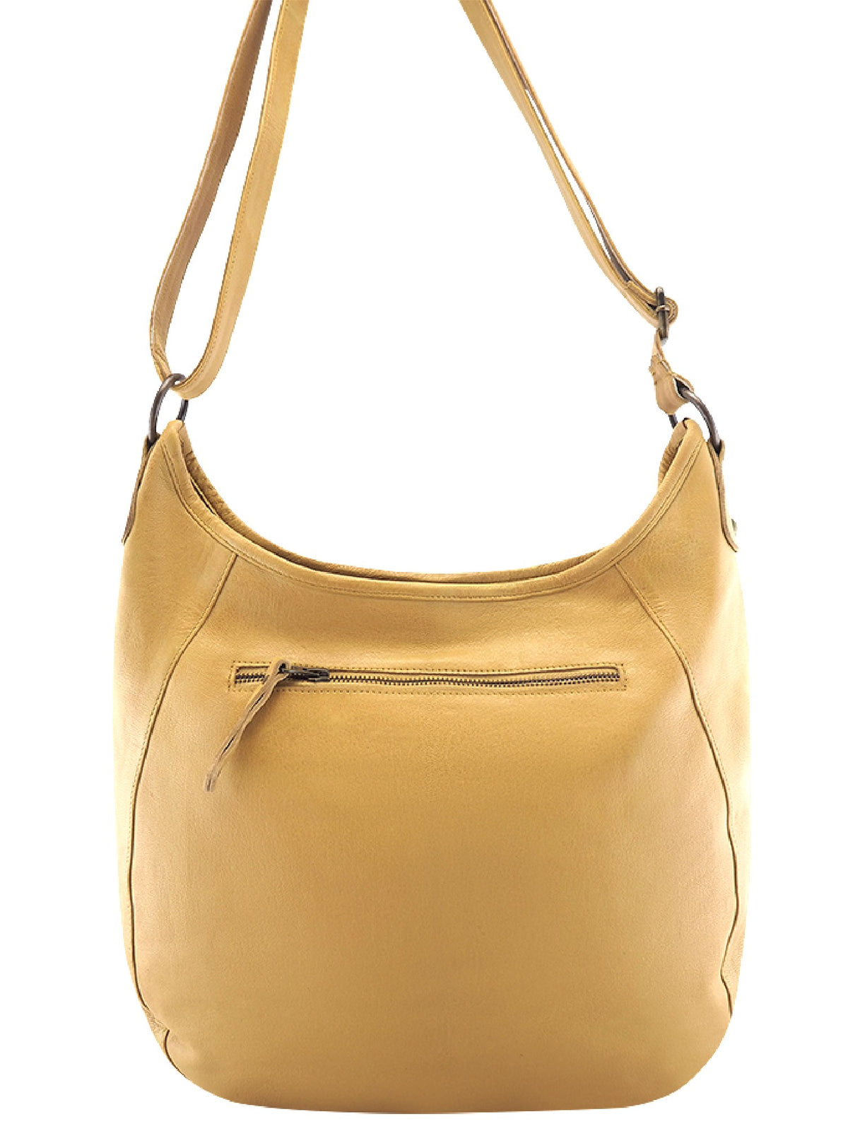 Cadelle Carrie camel leather hobo, back view, with zip pocket