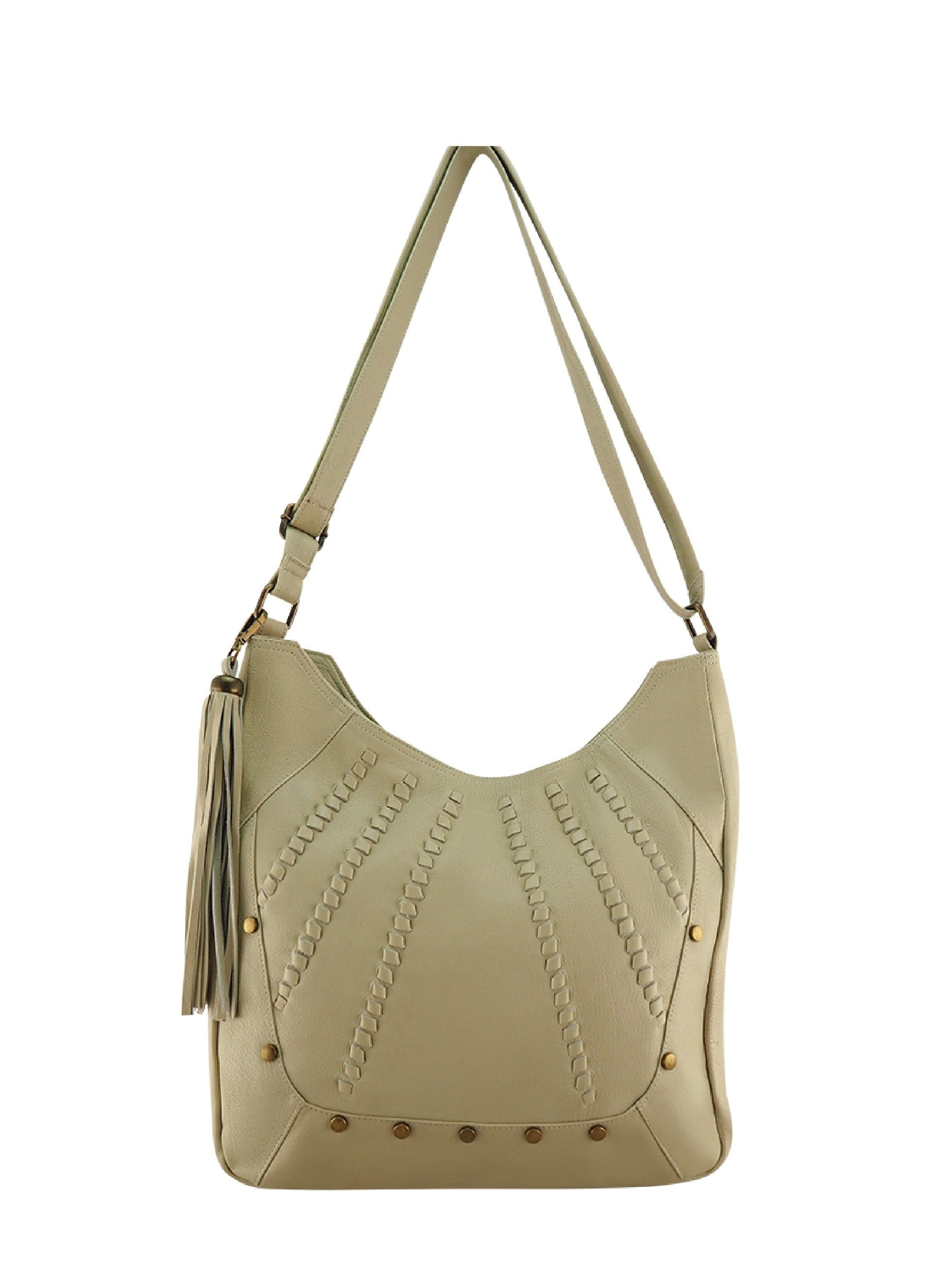 Cadelle Carrie honey leather hobo bag with stud detail and slouchy silhouette front view