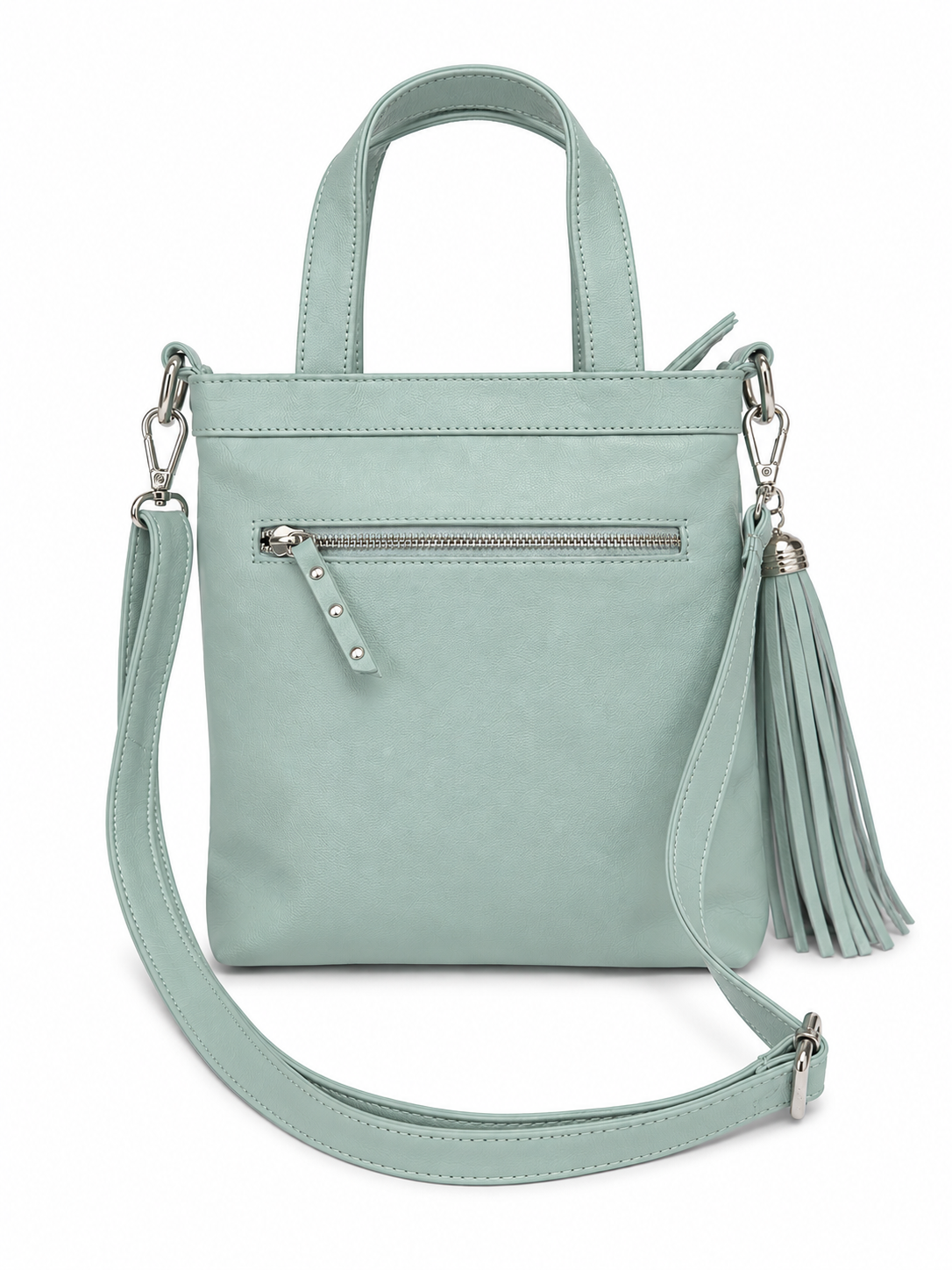 Cadelle Carter pale blue leather handbag with top handles, a detachable shoulder strap, a back zip pocket, and a tassel charm- back view