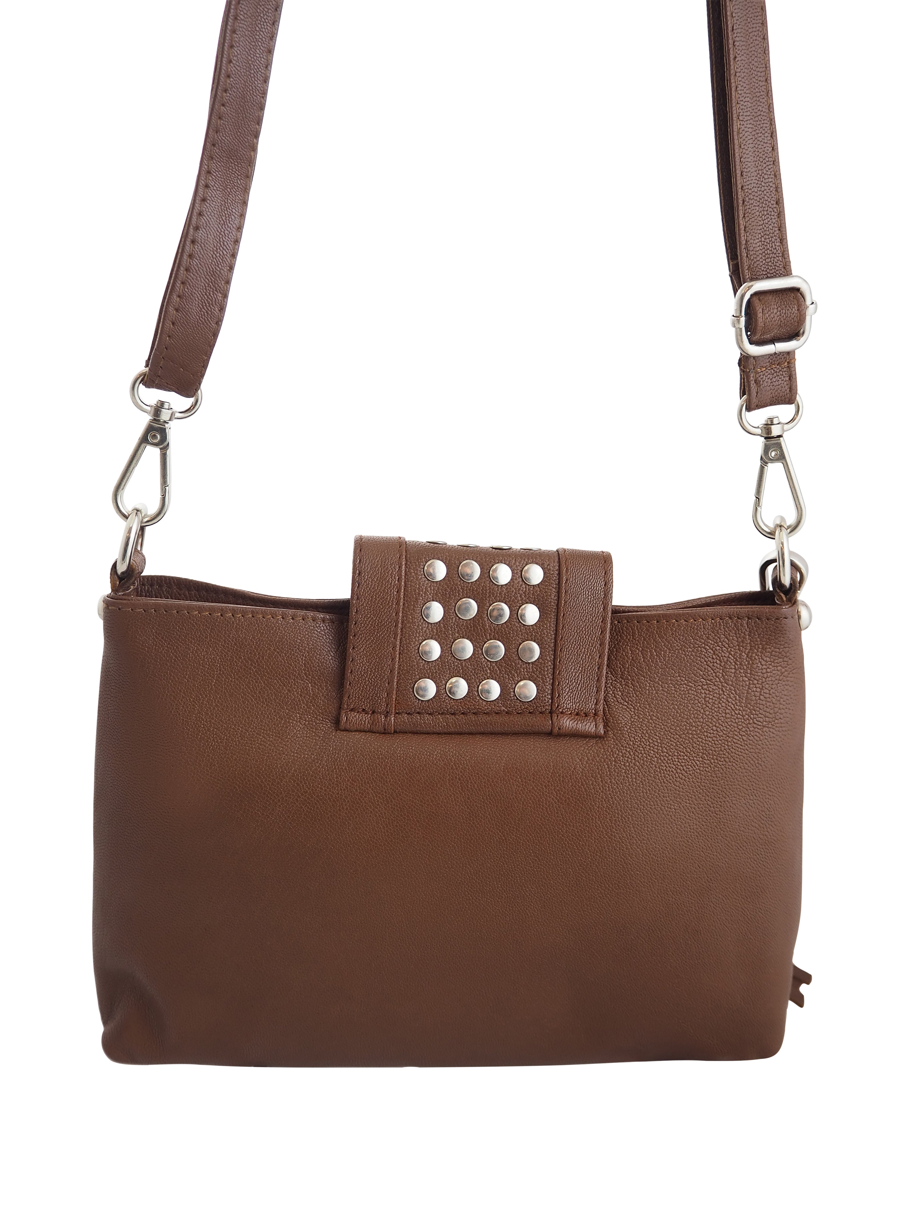 Cadelle Gigi chocolate leather crossbody bag with silver stud detailing back view