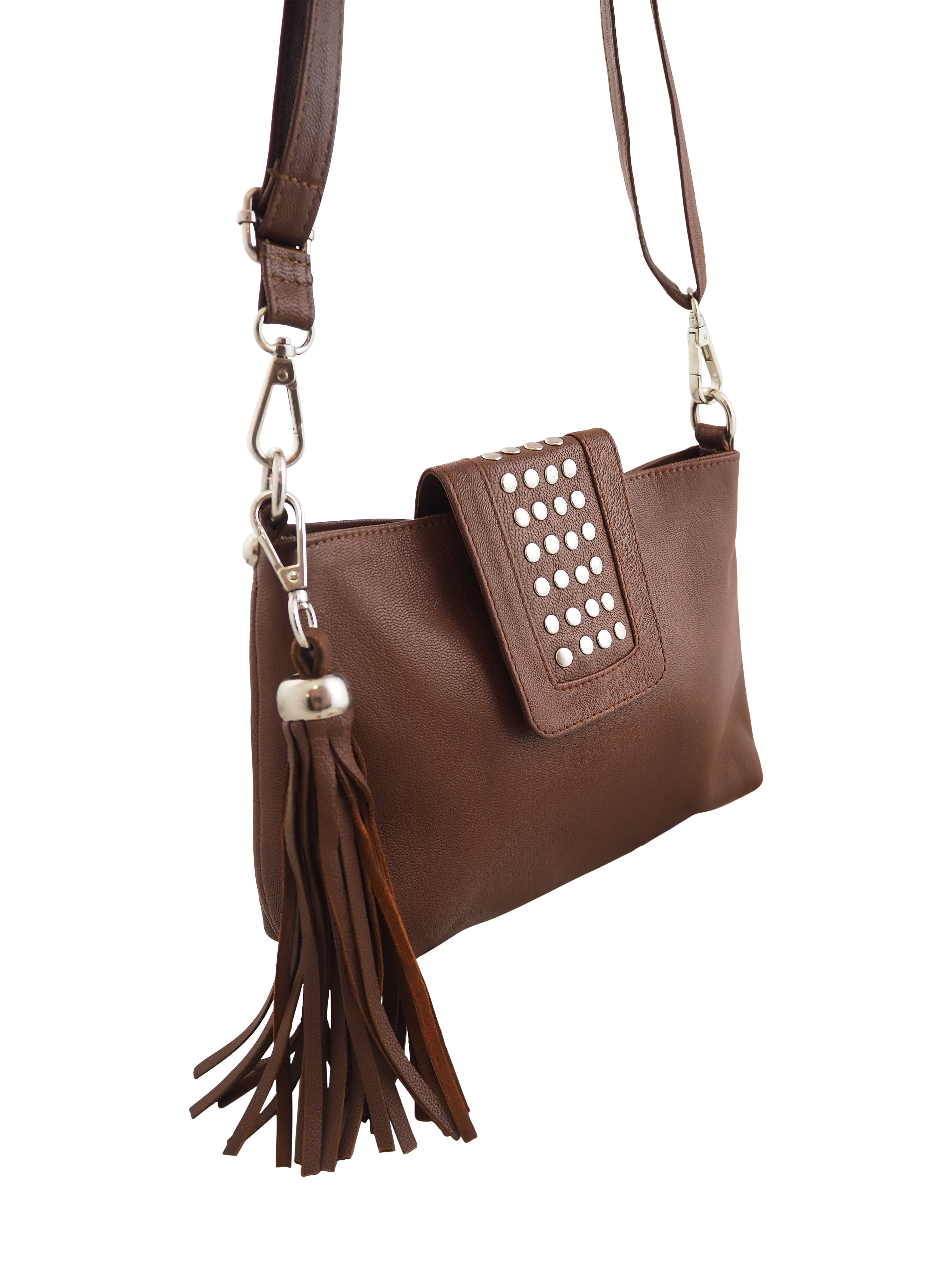 Cadelle Gigi chocolate leather crossbody bag with silver stud detailing side view