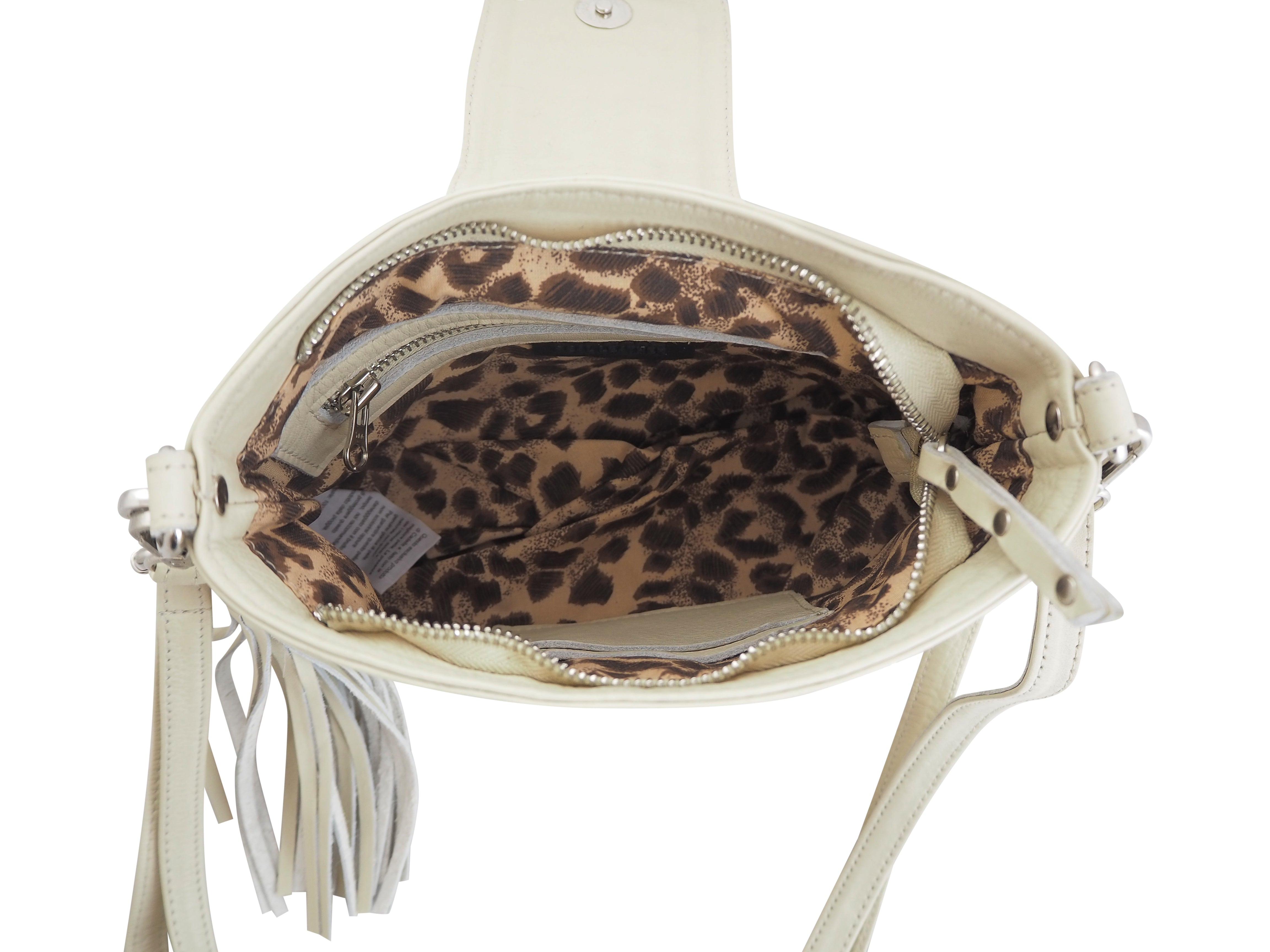 Cadelle Gigi cream leather crossbody bag with silver stud detailing inside view