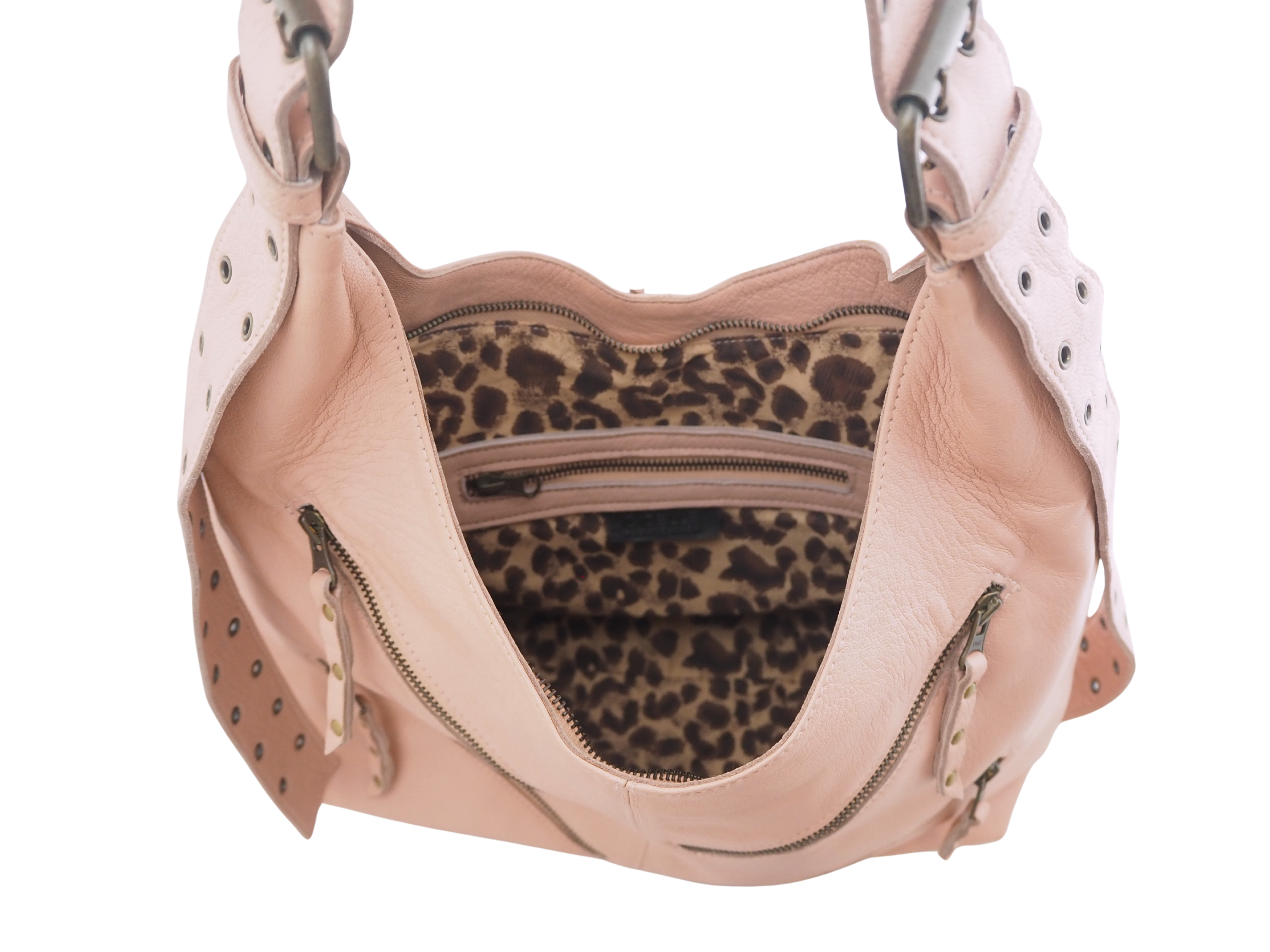 Cadelle Bailey misty rose leather hobo bag with zip pockets and eyelets inside view