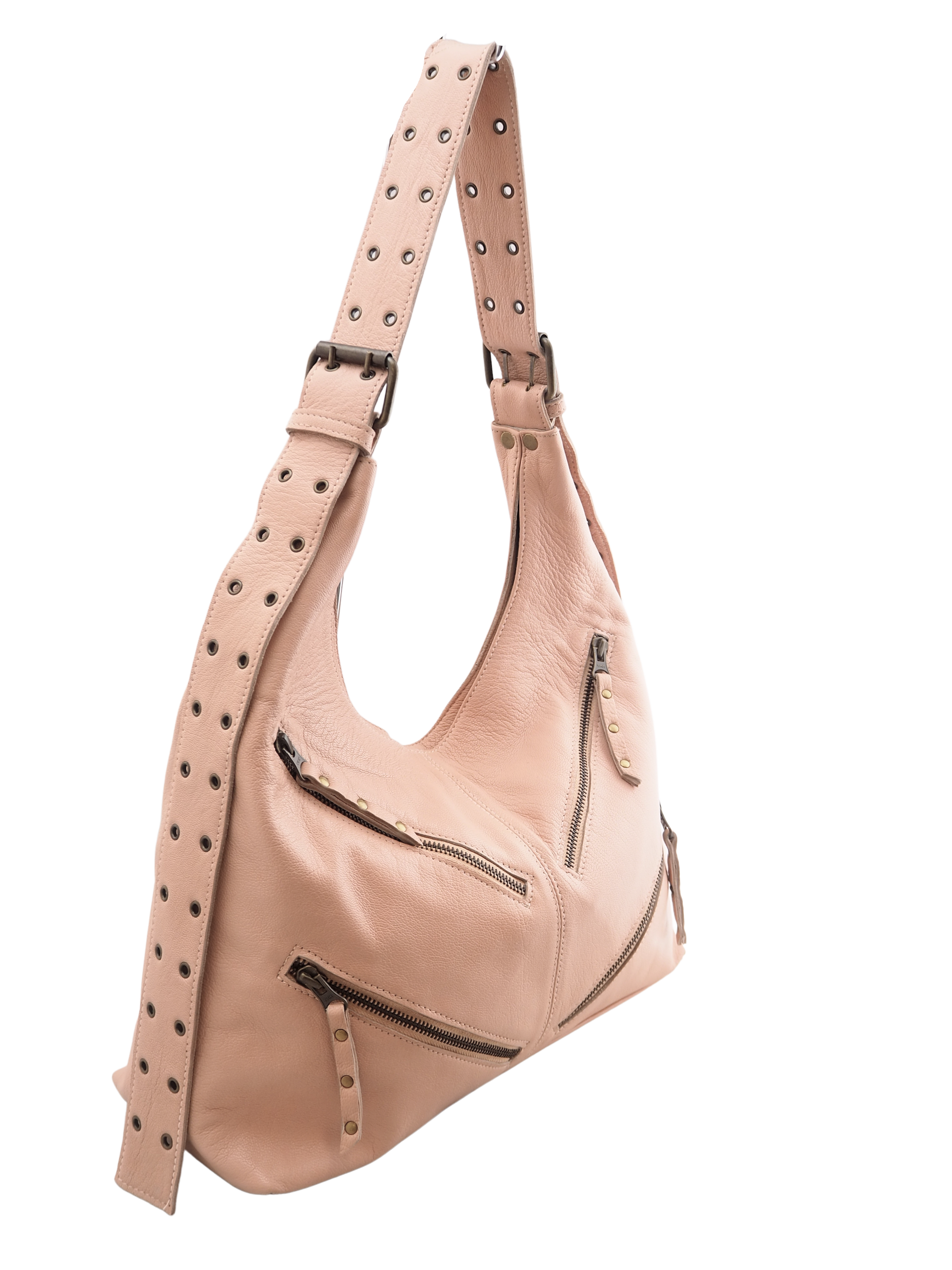 Misty Rose leather hobo handbag with studded and zip detail