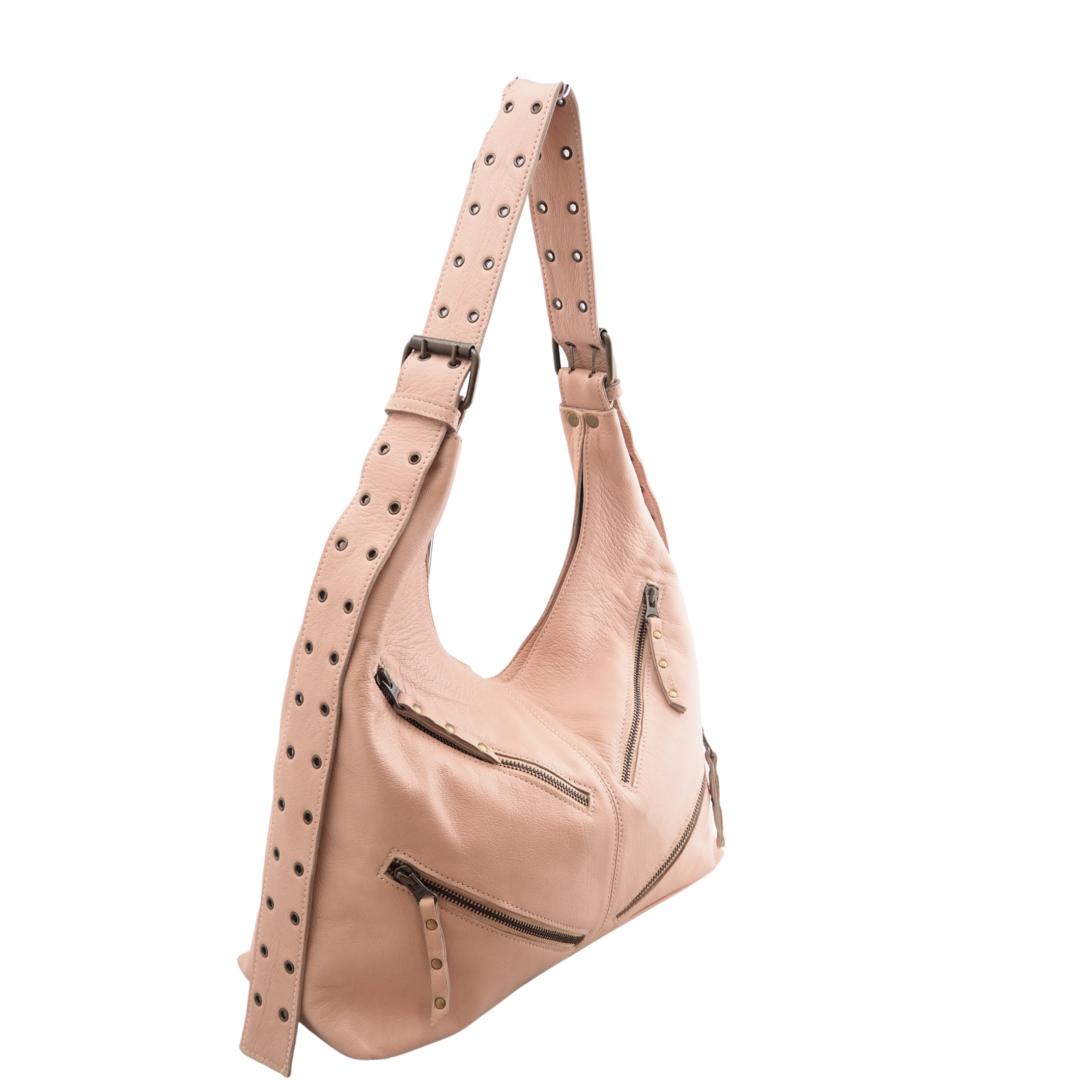 Cadelle Bailey misty rose leather hobo bag with zip pockets and eyelets side view