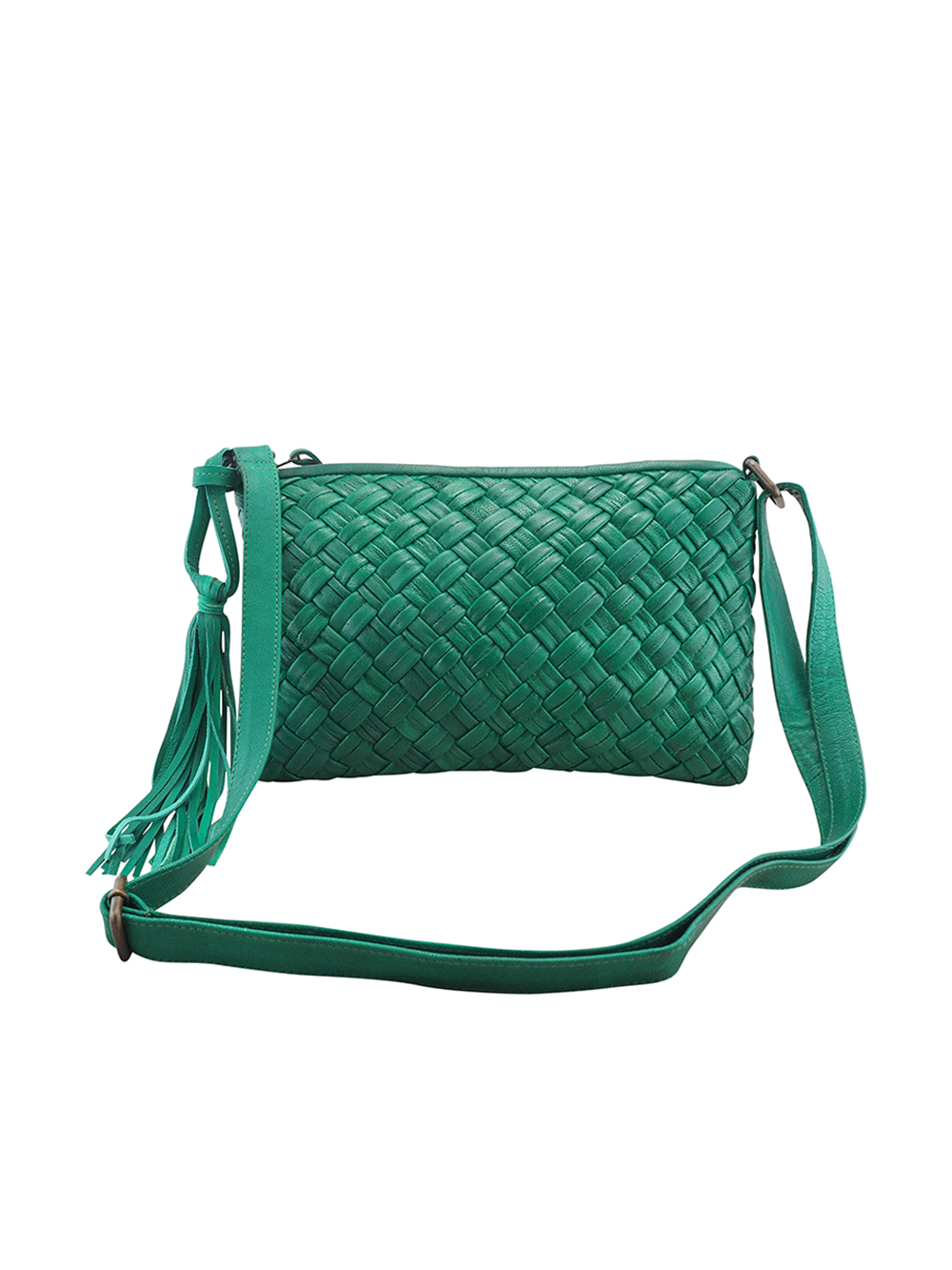 Cadelle Diane peacock green leather crossbody bag with woven front detail front view