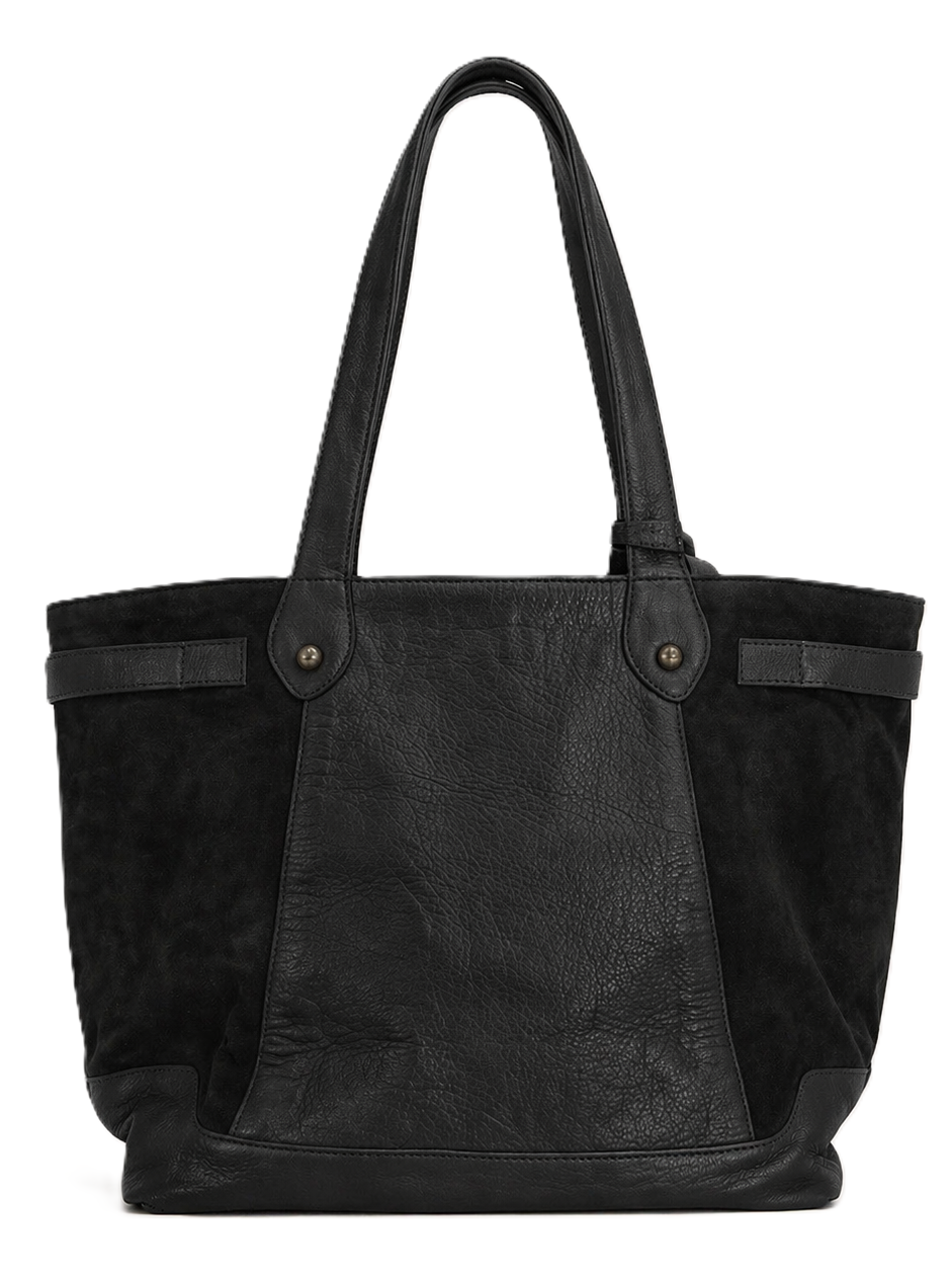 Back view of black leather and suede shopper with double handles