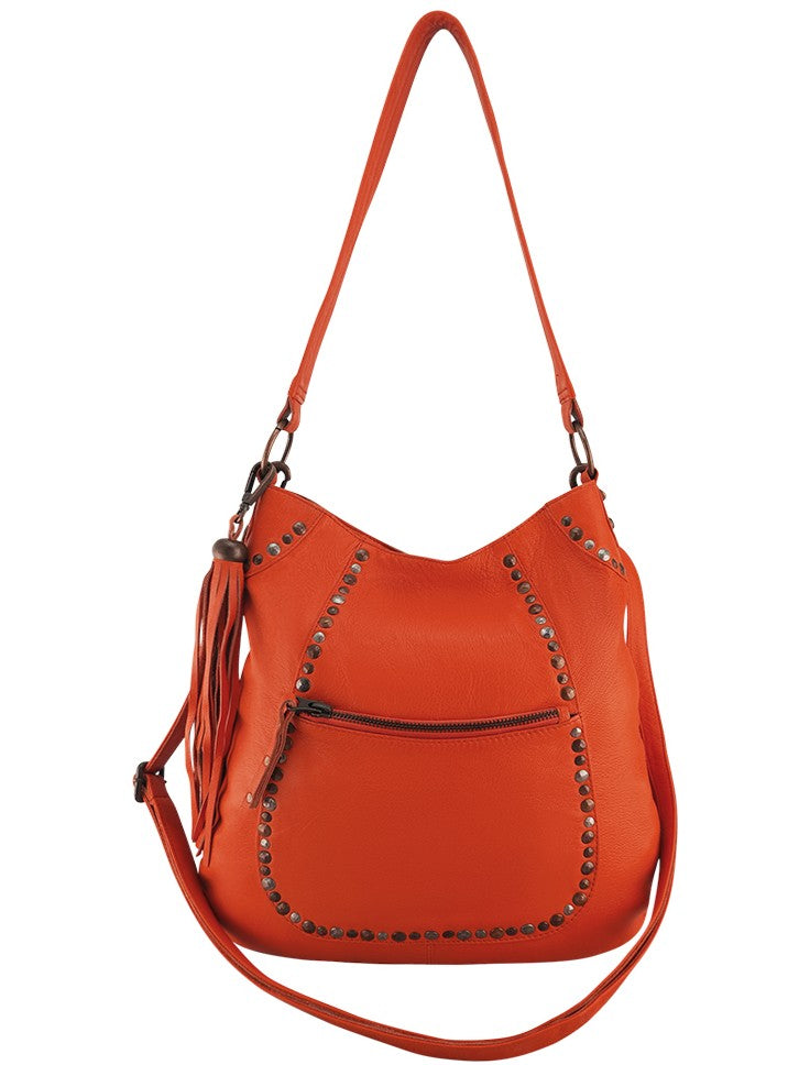 Cadelle Andie leather crossbody in mandarin with studs and a zip pocket on the front