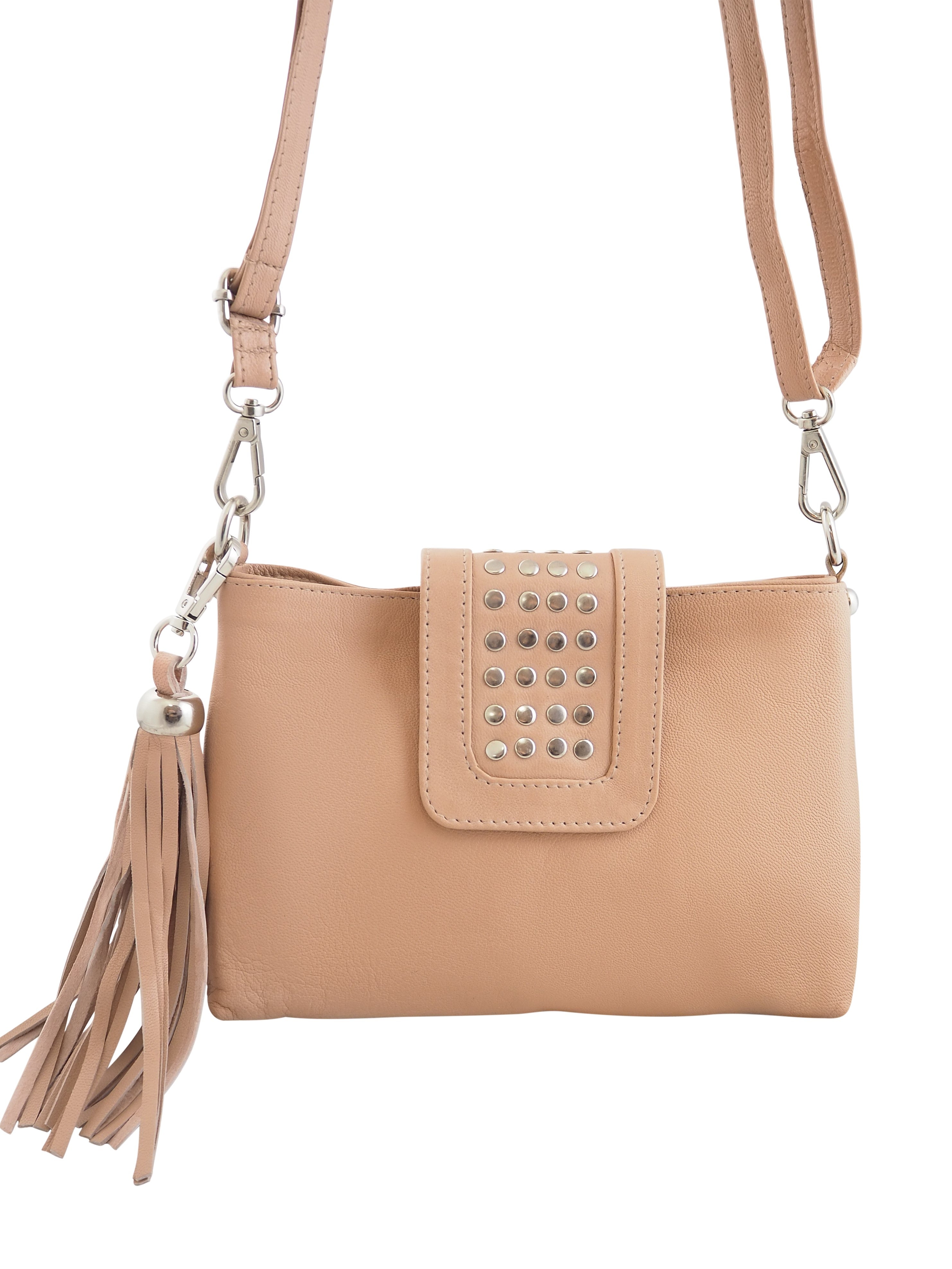 Cadelle Gigi misty rose leather crossbody bag with silver stud detailing front view