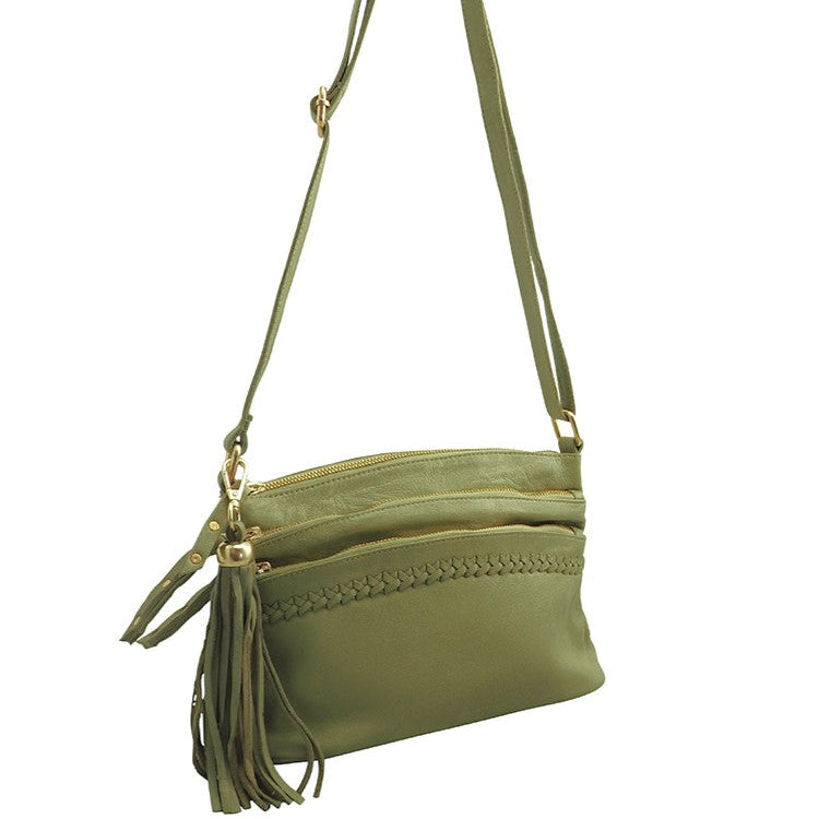 Cadelle Bridgette olive leather crossbody bag with multiple zip pockets front view