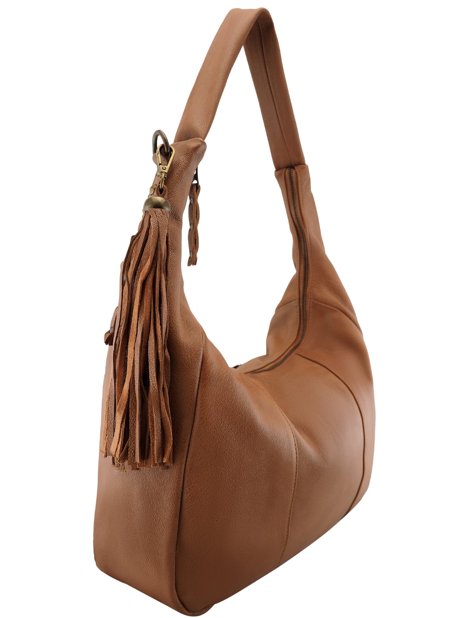 Cadelle Suki cognac leather hobo bag with slouchy silhouette and tassel detail side view