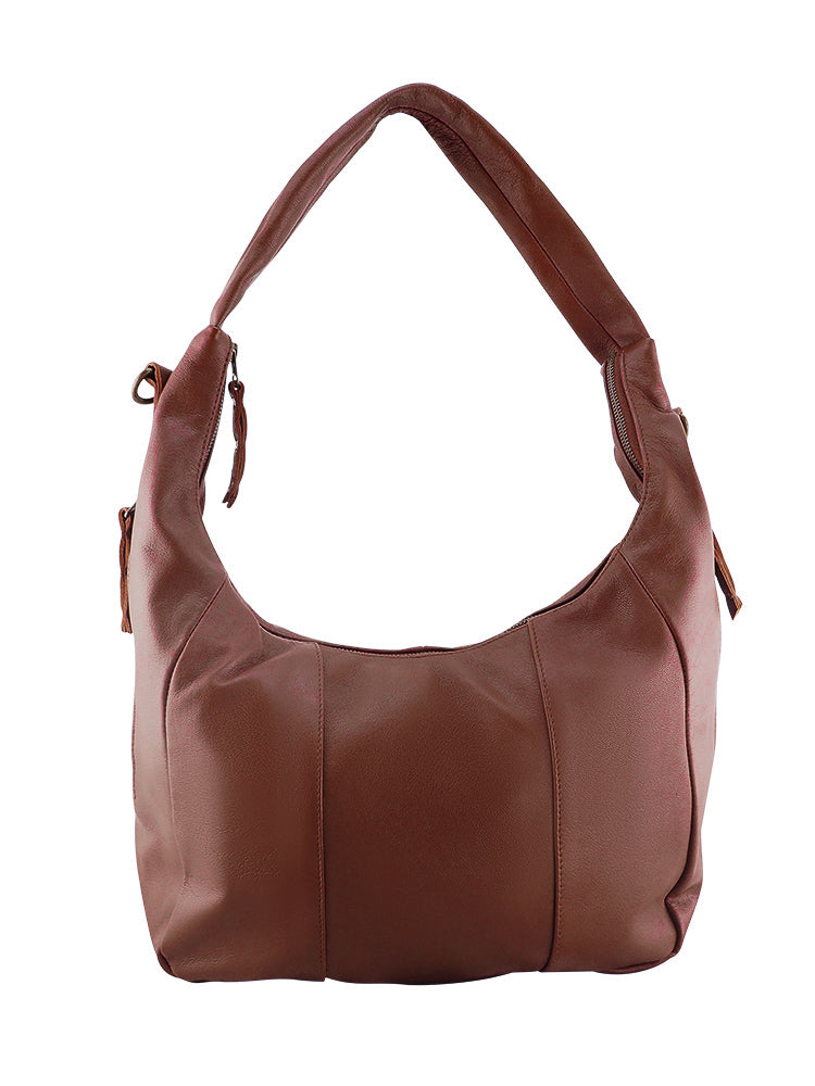 Cadelle Suki chocolate leather hobo bag with slouchy silhouette and tassel detail front view