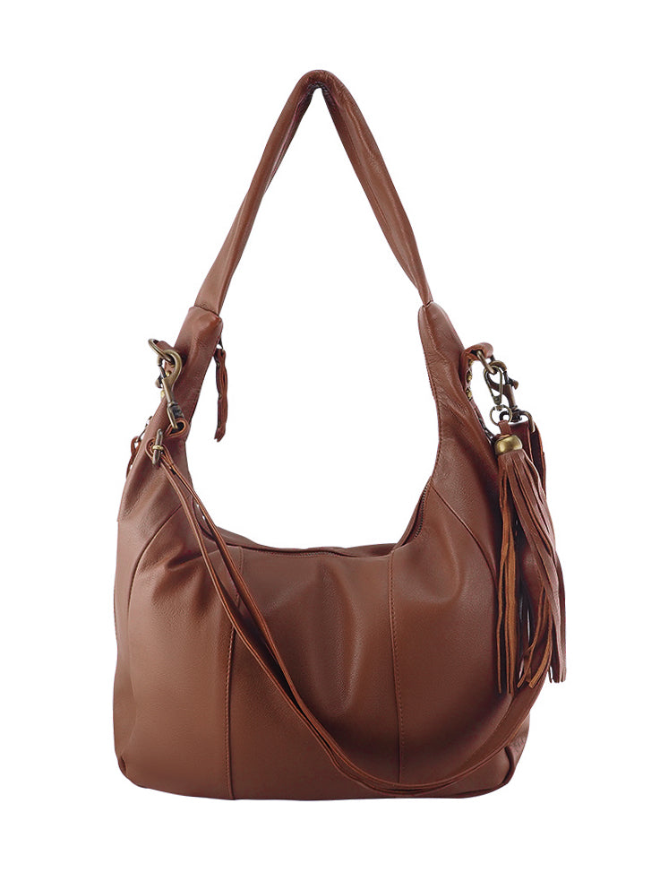 Cadelle Suki chocolate leather hobo bag with slouchy silhouette and tassel detail front view