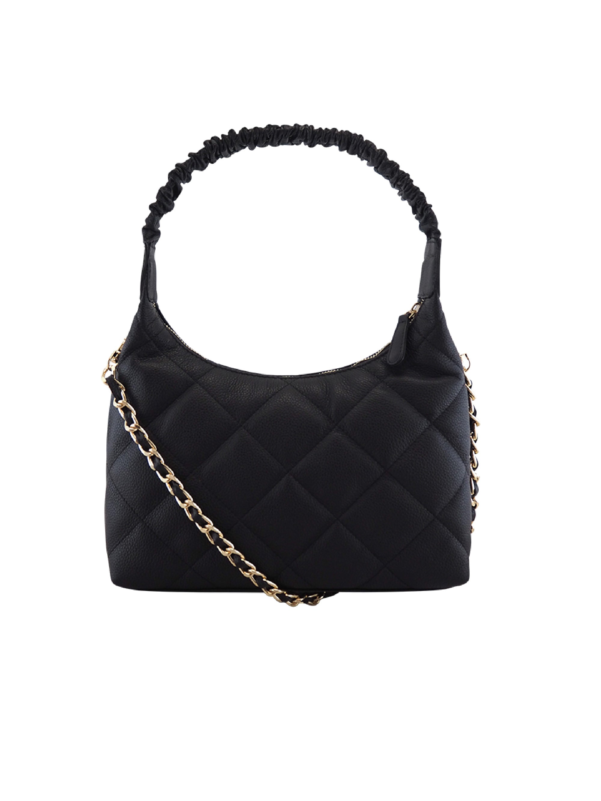 Cadelle Lyndel black leather handbag with diamond quilted stitching and gold chain strap front view