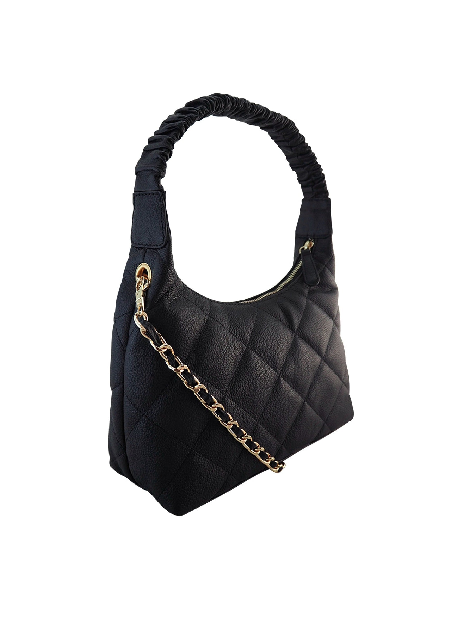 Cadelle Lyndel black leather handbag with diamond quilted stitching and gold chain strap side view