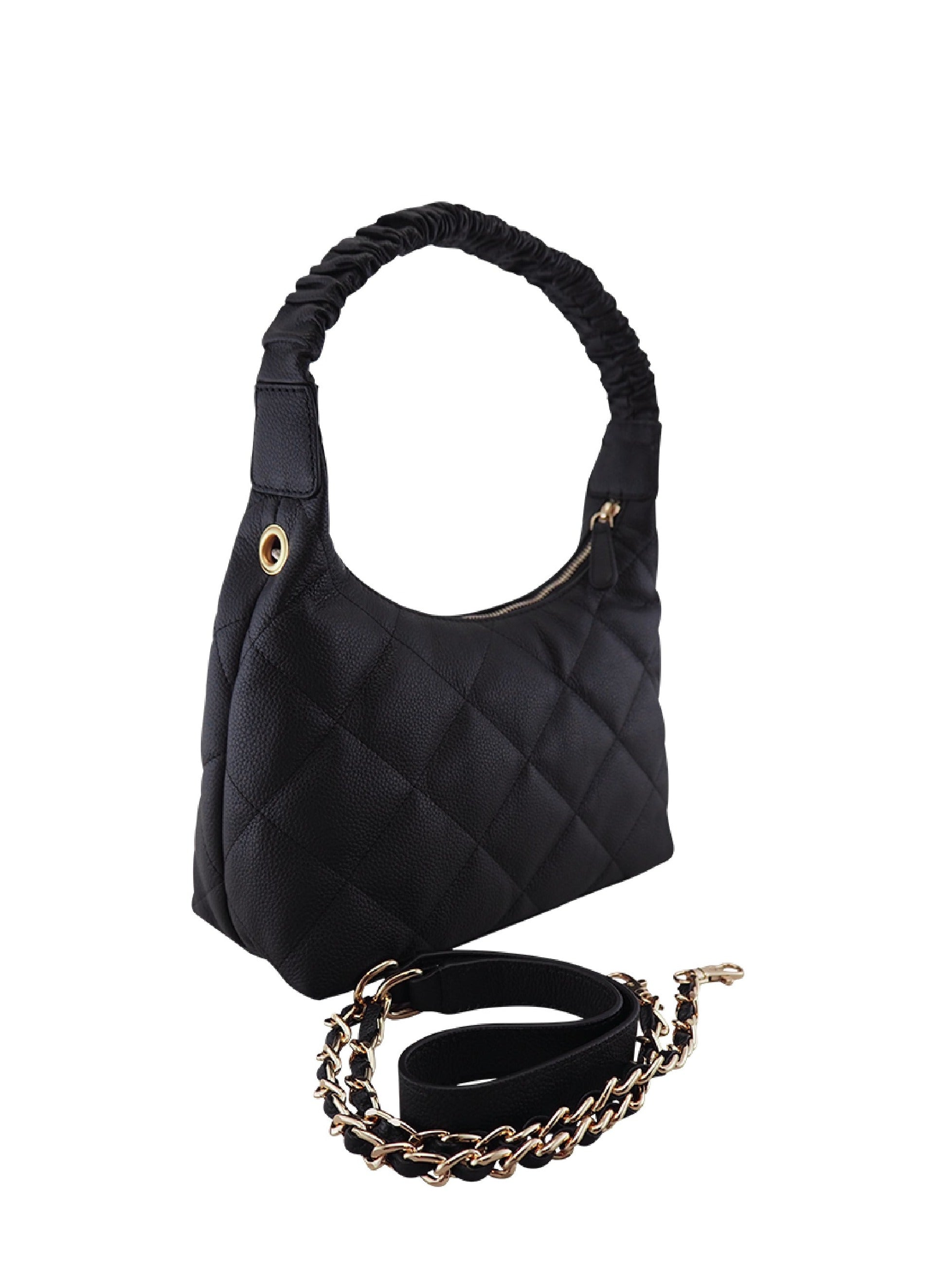 Cadelle Lyndel black leather handbag with diamond quilted stitching and gold chain strap side view