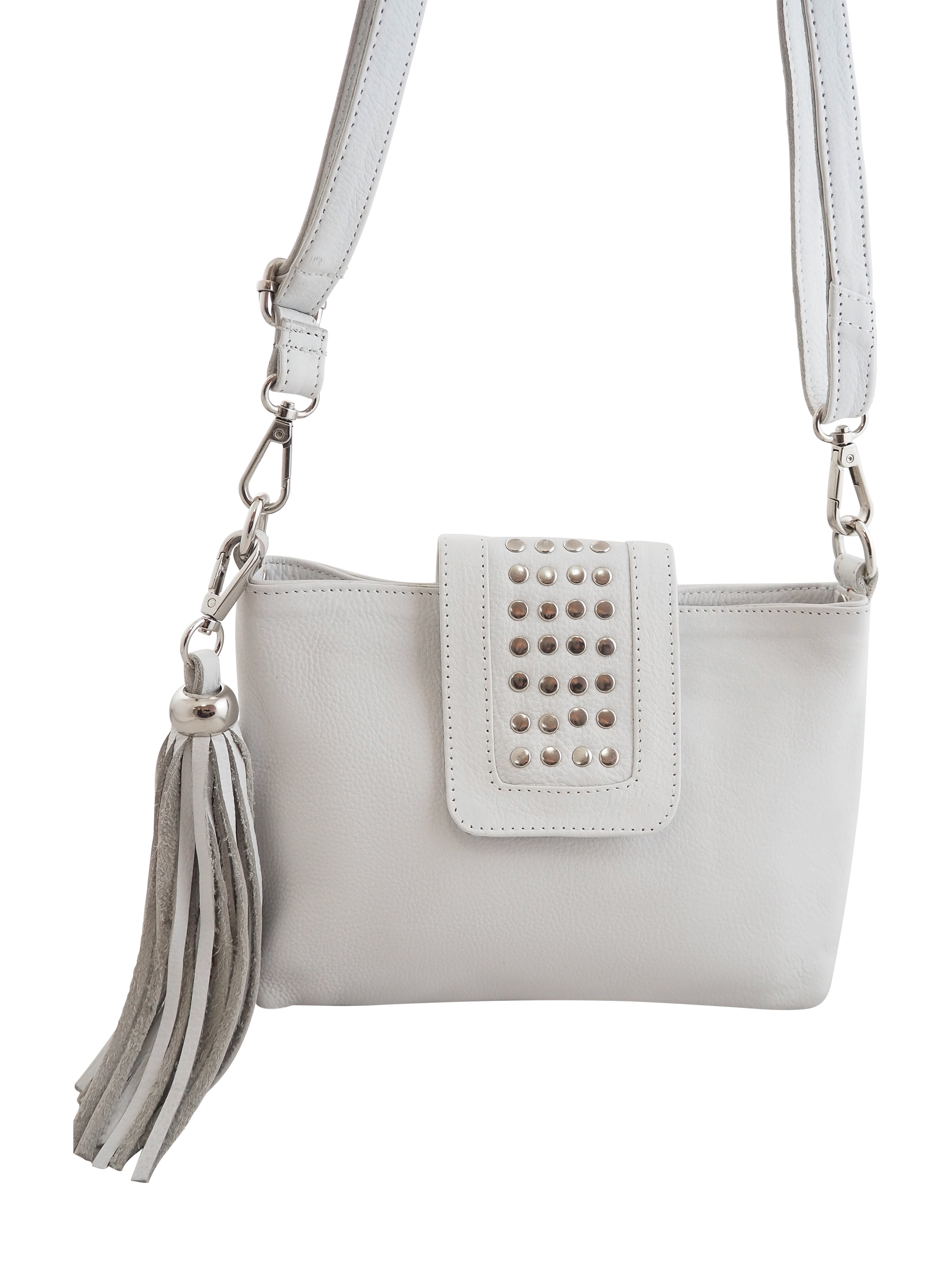 Cadelle Gigi white leather crossbody bag with silver stud detailing front view