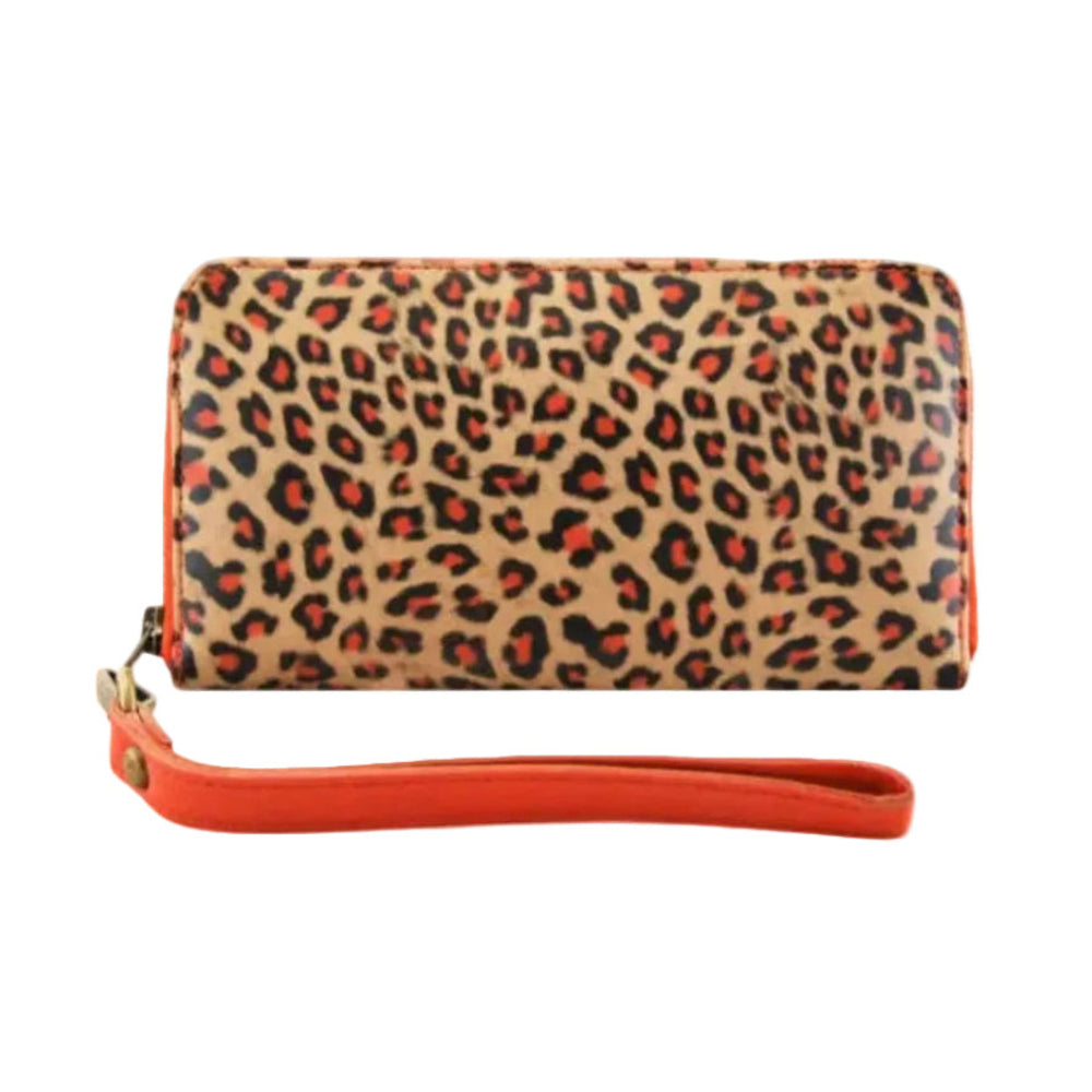 Cadelle Bella Leopard and Orange printed leather wallet clutch with wristlet strap front view