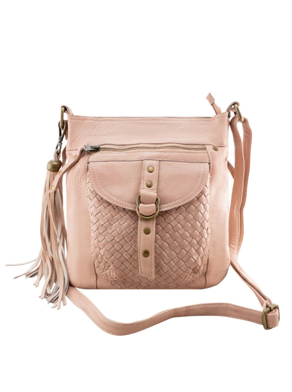 Cadelle Millie misty rose leather crossbody bag with woven front flap and tassel front view