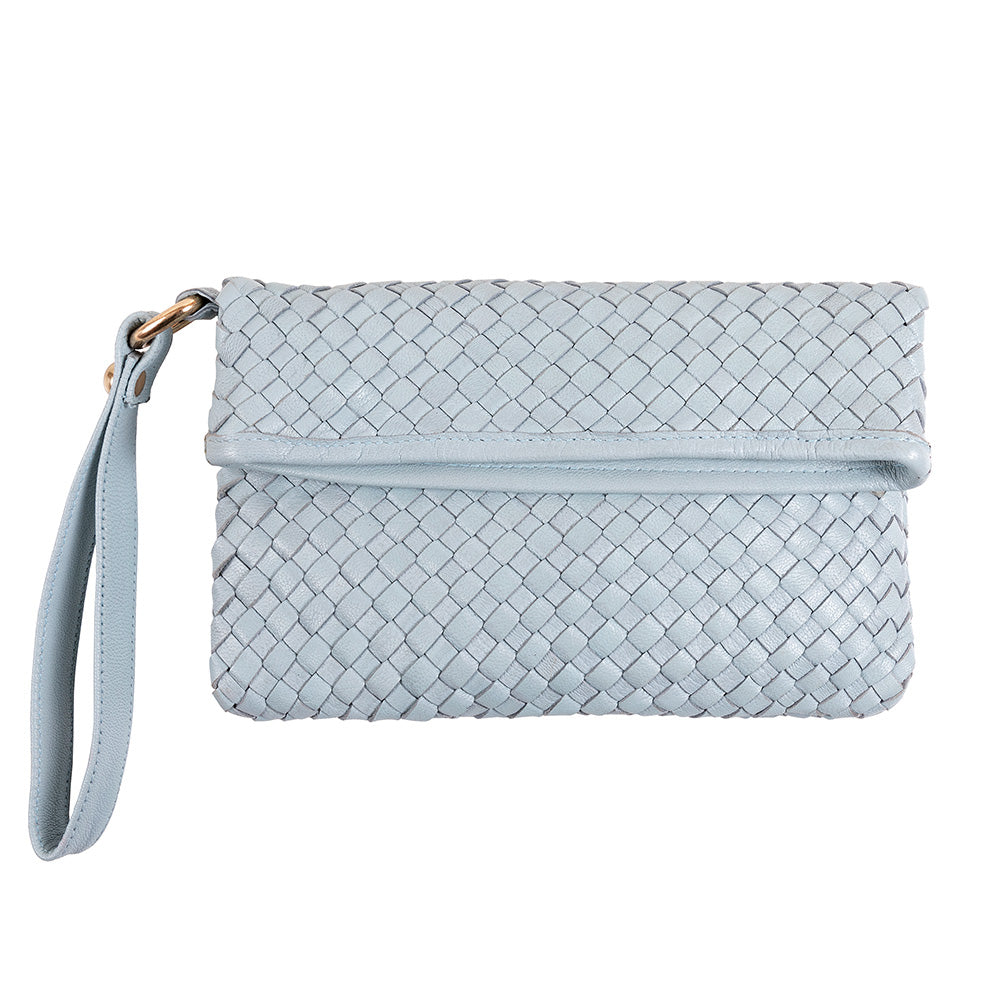 Pale blue leather clutch is woven leather